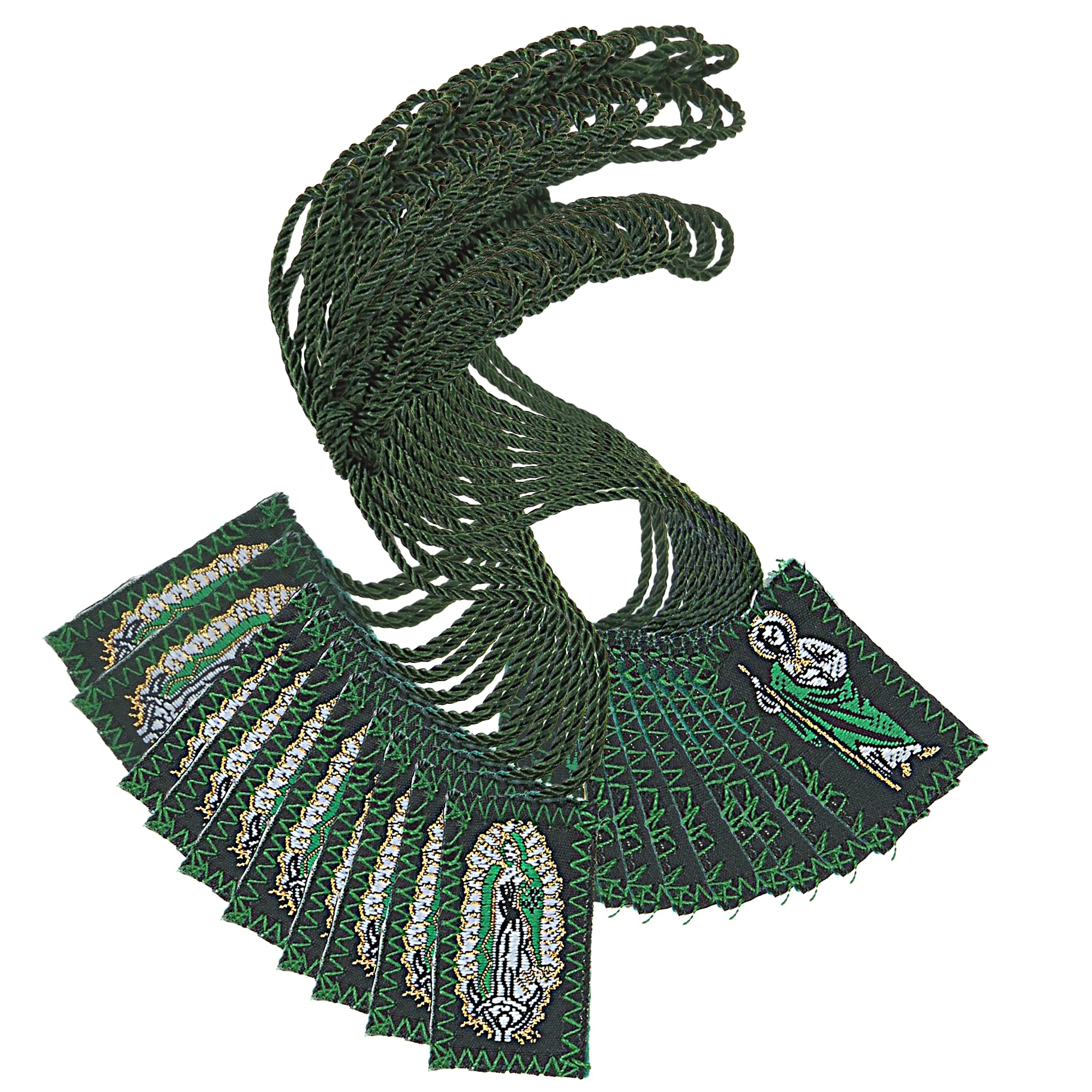 NeedzoBulk Saint Jude and Our Lady of Guadalupe Green Nylon Scapular, Full Color Religious Prayer Necklace for Men and Women, Pack of 12