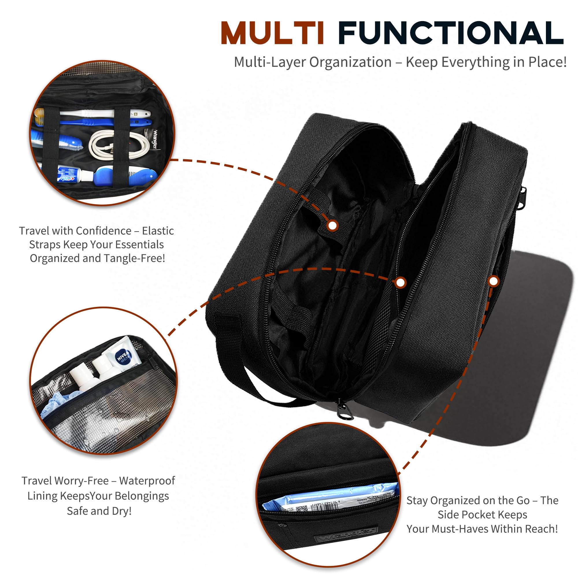 Wrangler Beauty case da uomo, kit da viaggio per rasatura Dopp, kit tecnico in tessuto Oxford, organizer da bagno, regali per uomini