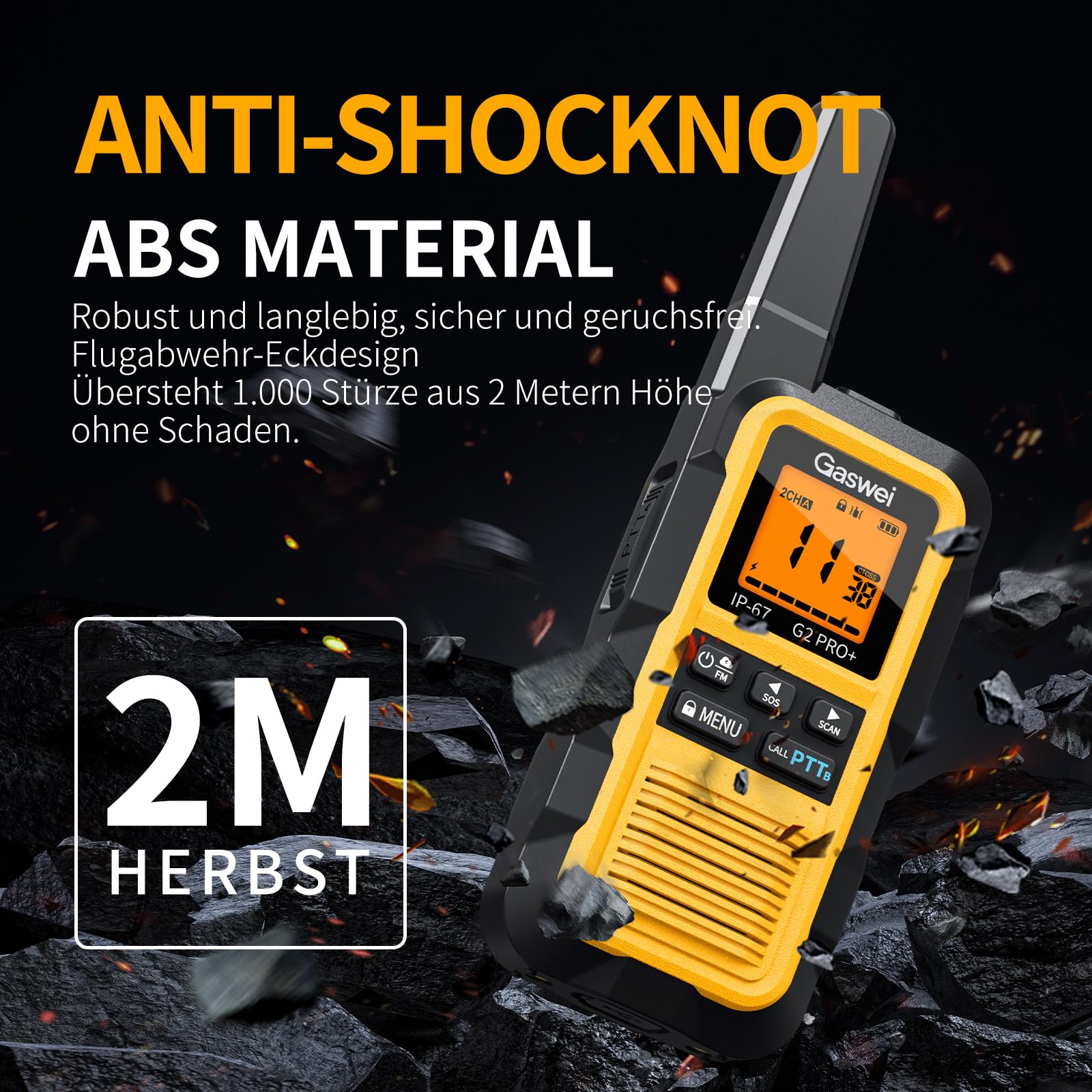 Gaswei G2Pro+ IP67 Wasserdicht Walkie Talkie FM Radio Hohe Reichweite | PMR 446 Profi Funkgerät Set mit VOX & SOS-Alarm,USB-C,Robust & langlebig ideal für Baustelle,Reisen,Camping & Outdoor