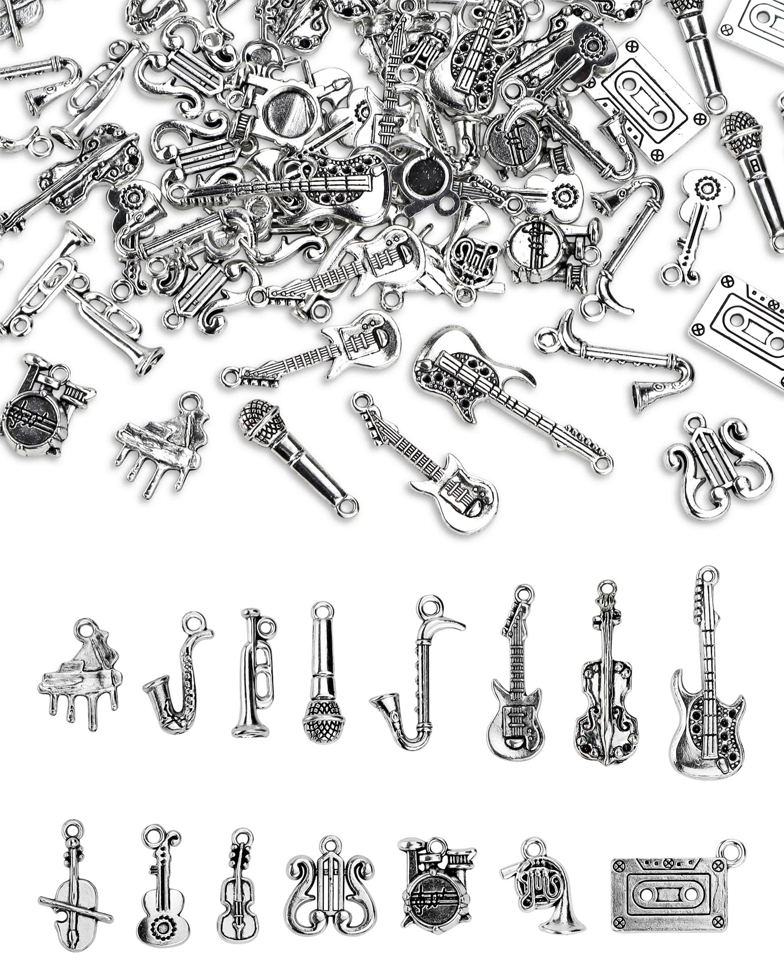 YETOOME 90 Pcs Tibetan Musical Instrument Charms, Silver Music Charms Pendants for Necklace Bracelet Earrings Jewelry Making and Crafting,15 Styles
