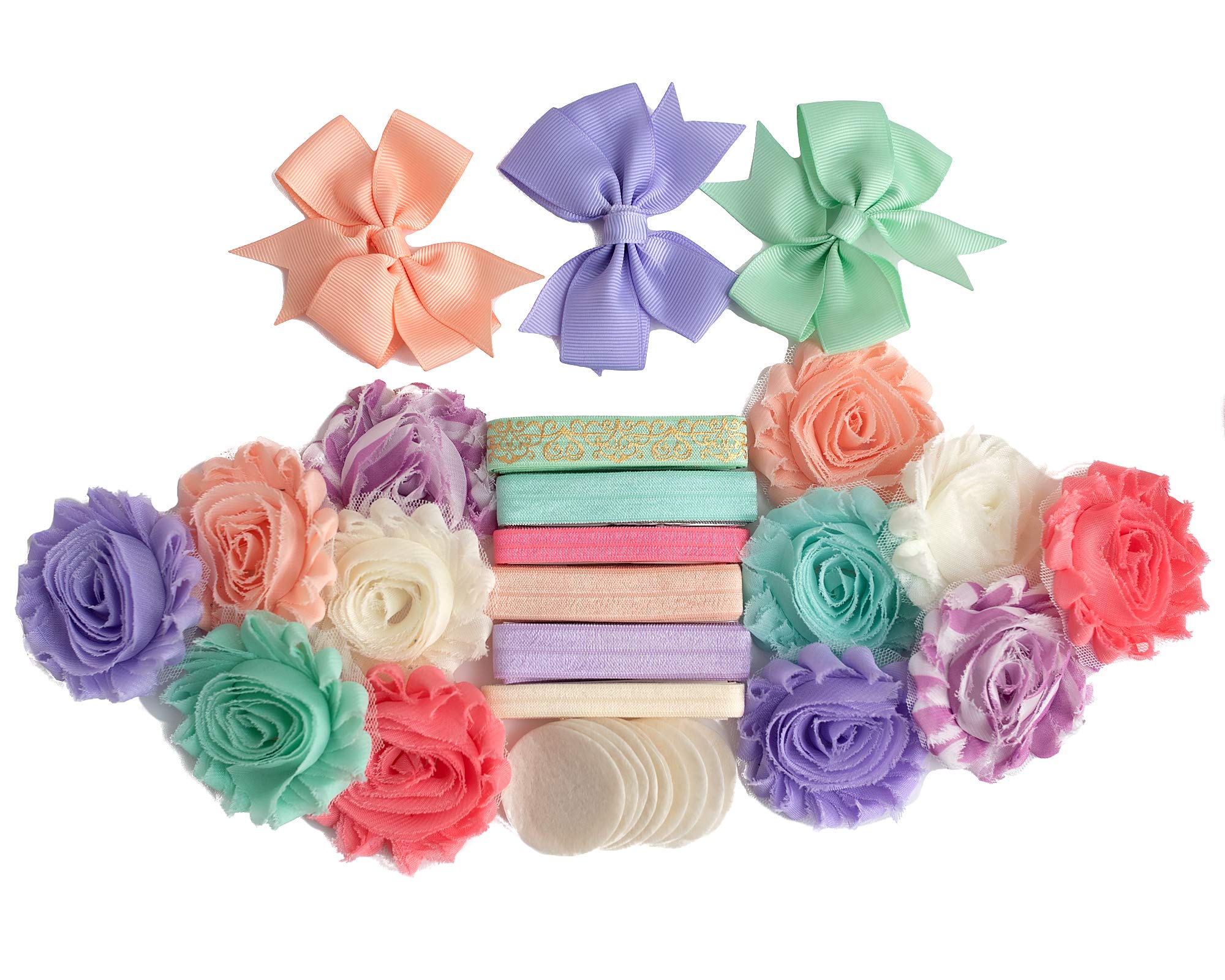 Little Isabelle : DIY Baby Shower Headband Making Kit | Flower + Bows + Elastic Craft for Girls, Newborns, Babies, Toddlers |Party Supply (Makes 12 Headbands) | Lavender, Coral, Peach, Mint Green