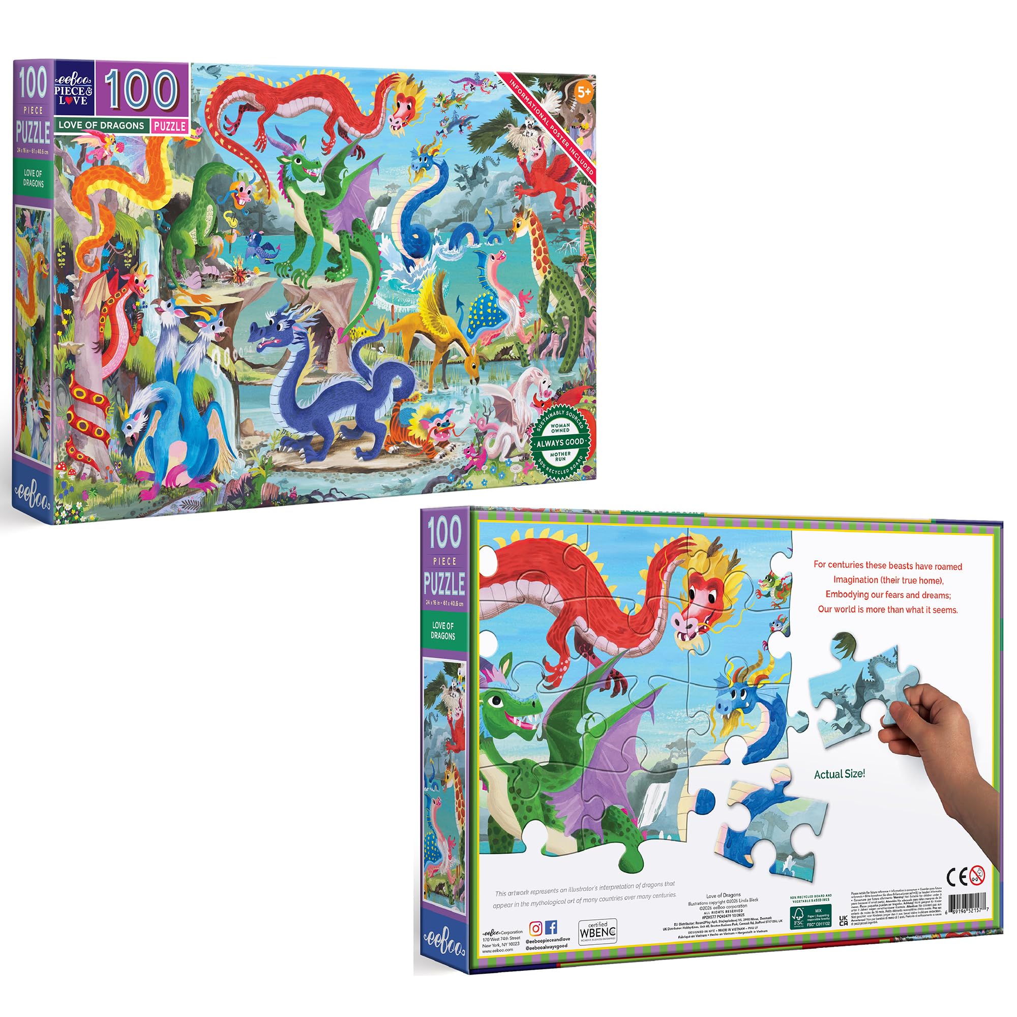 eeBoo 100 Teile Puzzle für Kinder - Love of Dragons Kinderpuzzle Drachen Thema, große Teile für kleine Hände, um motorische Fähigkeiten zu entwickeln