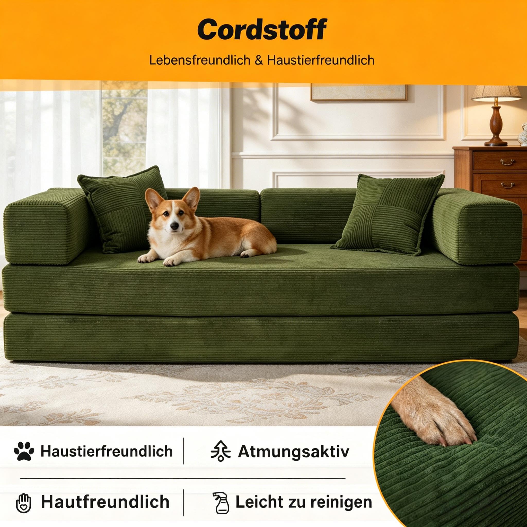 Vipbear 200cm Hochwertiges Sofa, aus Langlebig Cord mit Hochdichter Schaumstoff, 5-in-1 Umwandelbares Vielseitig ohne Knochen 3-Sitzer Sofa mit Schlaffunktion für Schlafzimmer, Grün | Umwandelbar