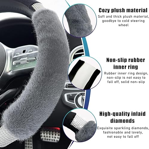 Miniatura 9 de Suvnie Funda mullida para volante de automóvil con diamantes de imitación, cómoda funda antideslizante para volante de lana sintética, protector