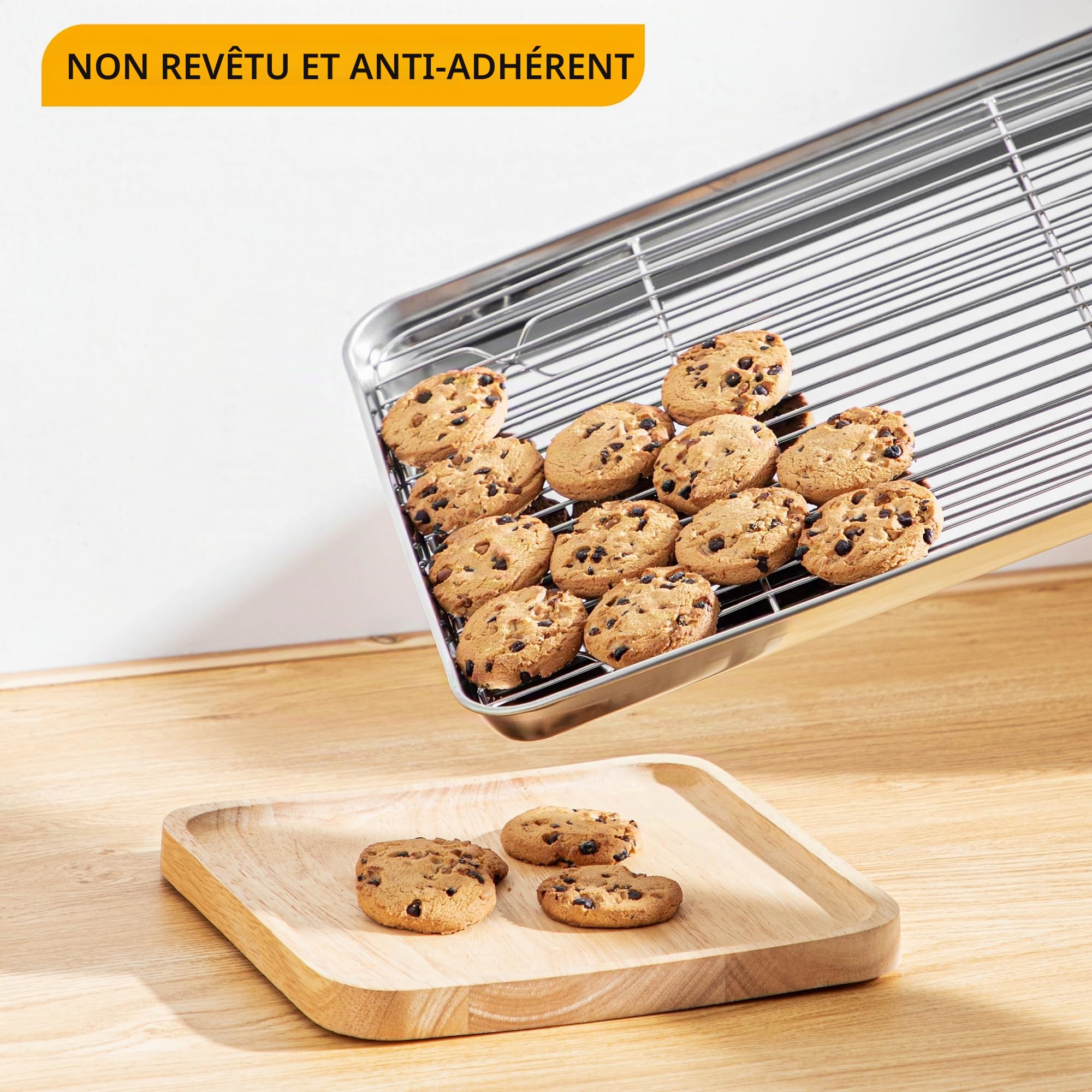 Velaze Plaque Pâtisserie et Grille INOX, Plaque de Cuisson avec Volette de 4 Pcs, Plateau Patisserie sans Revêtement, Plat à Rôtir de 40cm x 30cm