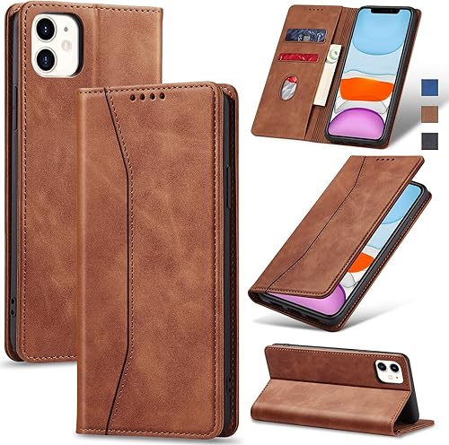 Flip Wallet Case for iPhone 11,Leather Magnetic Folio Cover with Card Holder,Kickstand - TPU Shockproof Durable Protective Phone Case,Brown