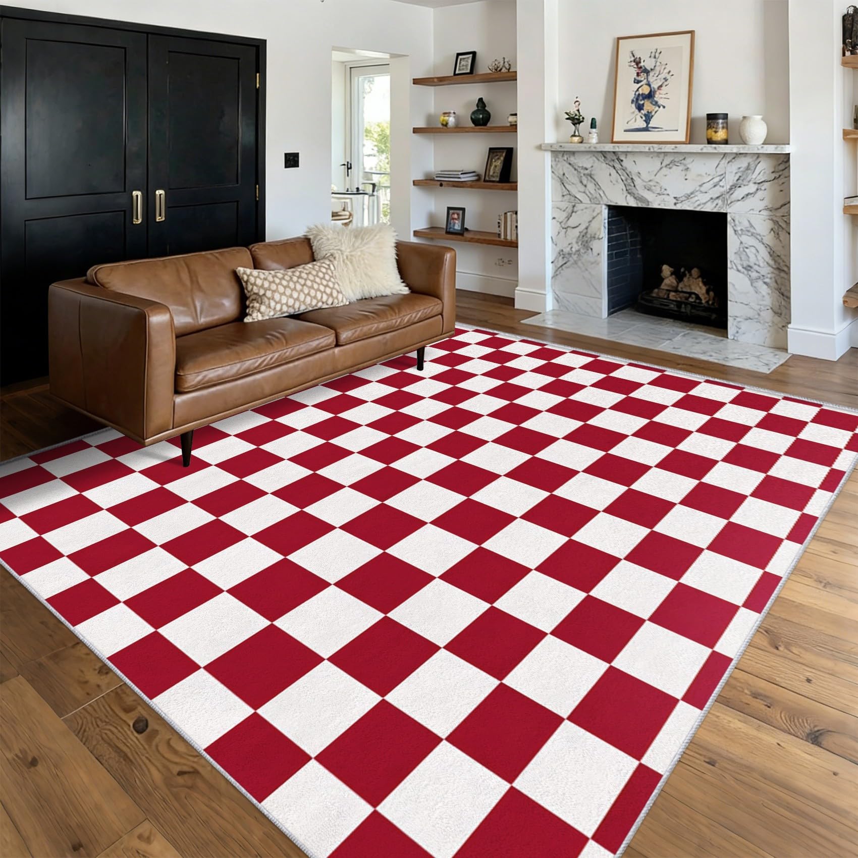Générique Tapis Entree Interieur Damiers Rouge et Blanc, Petit Tapis Motif Moderne À Carreaux Chambre 60 x 90 cm, Antidérapant Lavable Doux à Poils Ras, Decoration Maison, Rouge Blanc O-fd16
