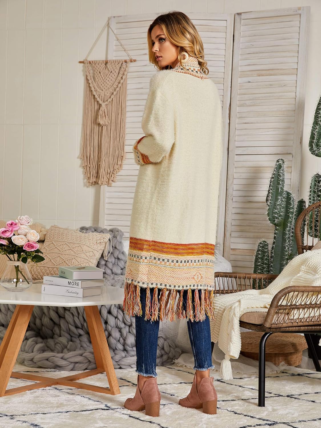 Misassy Womens Boho Open Front Long Cardigans Sweater Loose Long Sleeve Embroidery Tassels Kimono Duster Outwear - Image 4