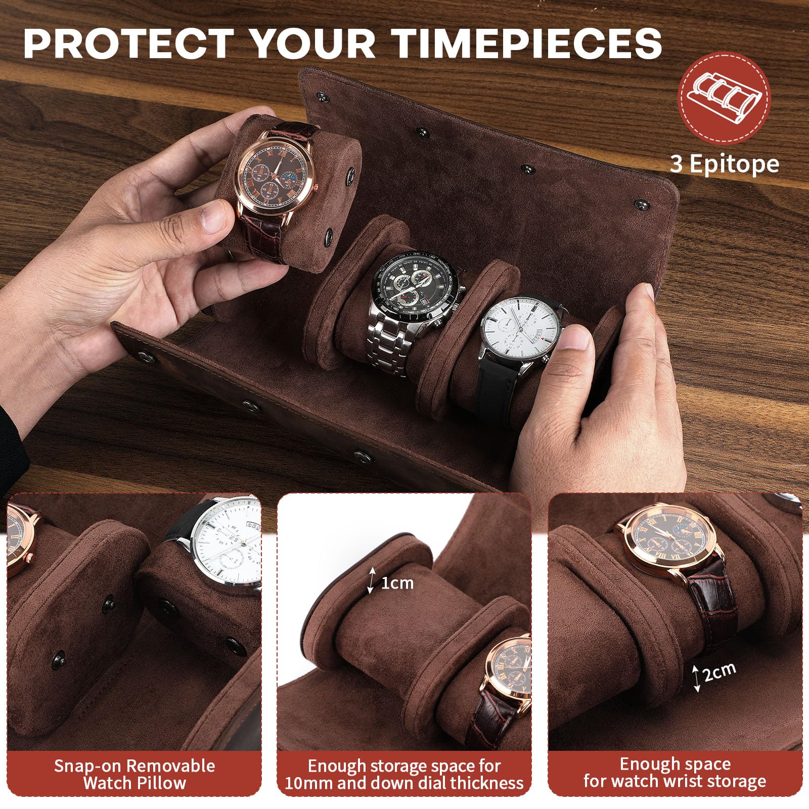 BAIGIO Custodia per 3 Orologi in Pelle, Scatola per Orologio Cilindrico, Porta Orologi da Viaggio Uomo Donne, Orologio Cofanetto Scatola Regalo Espositore da Polso, Watch Box Organizer, Caffè