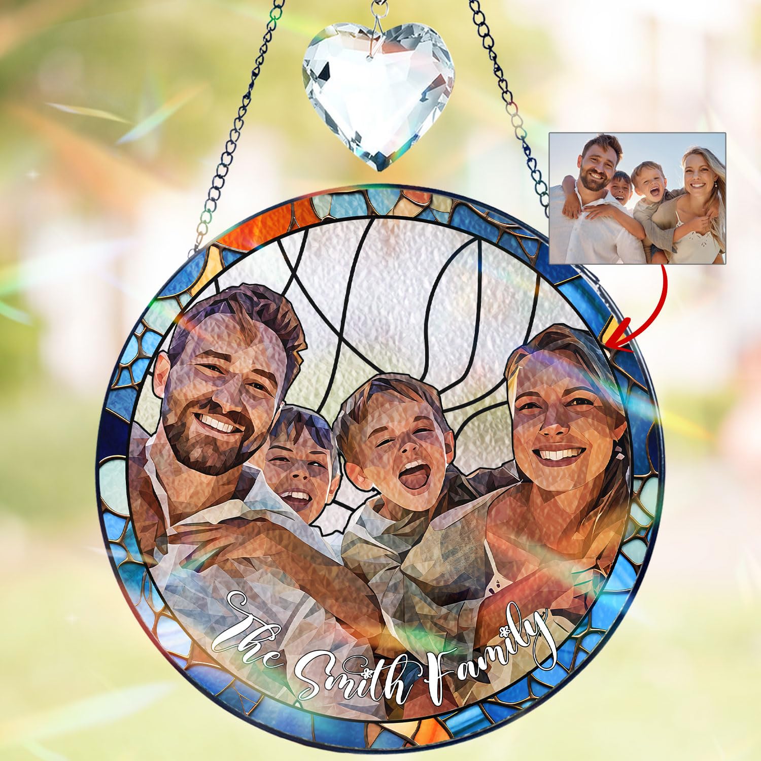 Custom Family Portrait Stained Glass Suncatcher, Transform Your Photos Into Art - Personalized Window Stained Glass, Family Memorial Gifts, Custom Name Photo Memorial Ornament Window Hanging