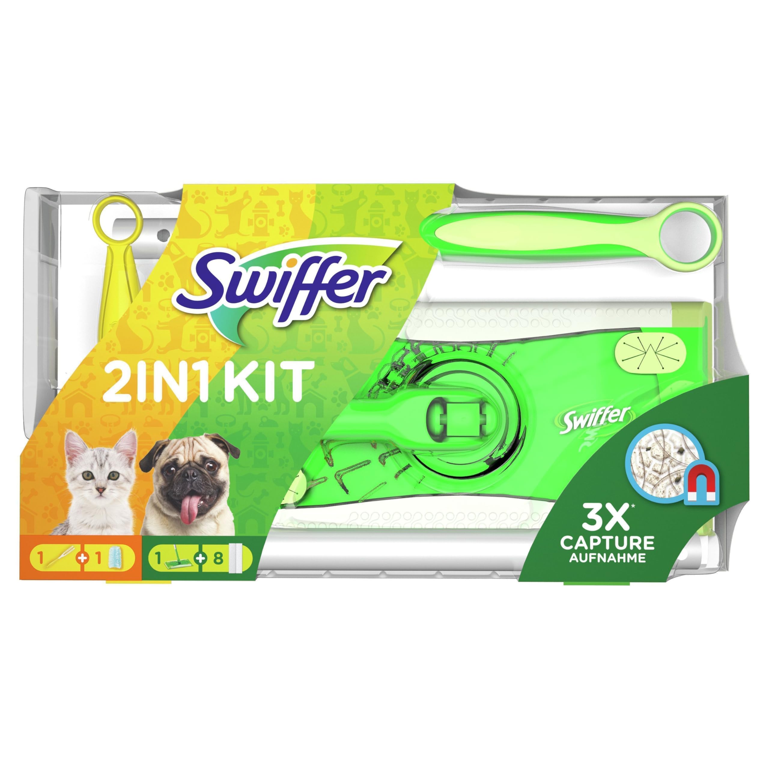 Swiffer 2in1 Kit, 1 Bodenwischer + 8 Trockene Bodentücher Und 1 Staubmagnet + 1 Tuch, Ideal Für Tierbesitzer