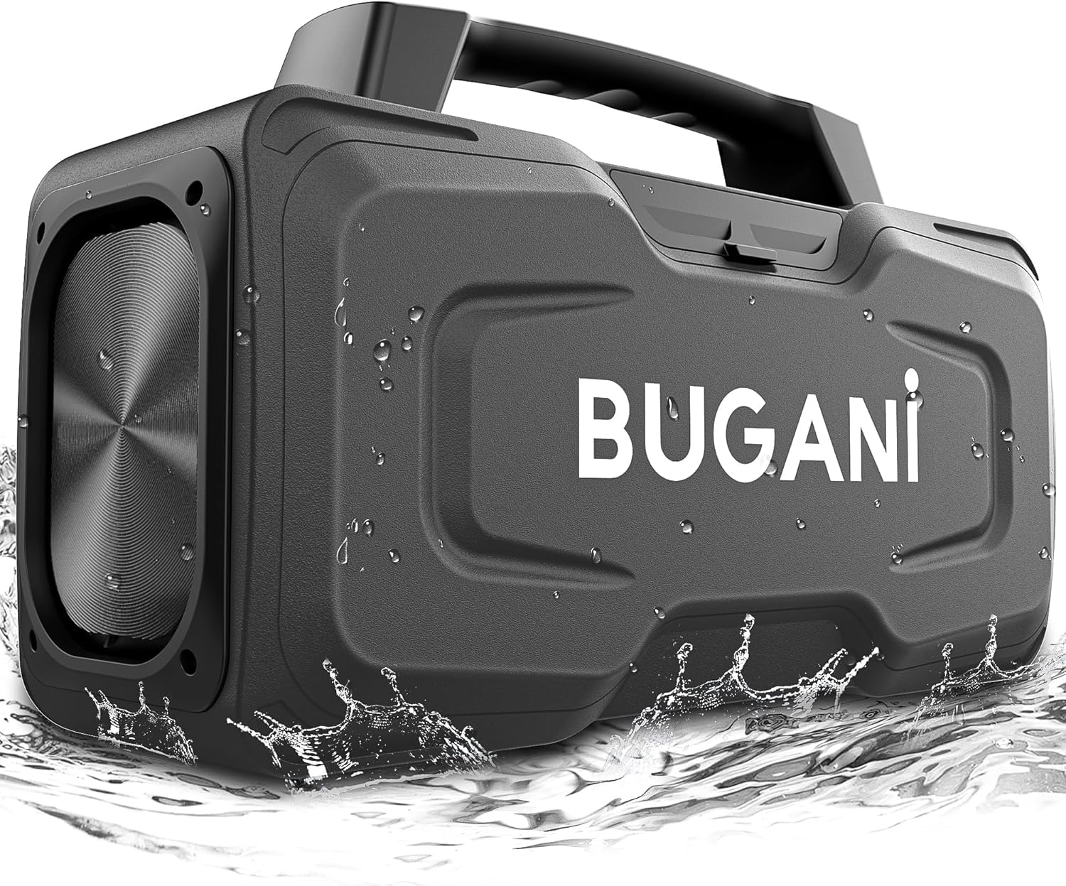 BUGANI Bluetooth Speaker, 80W Powerful Portable Wireless Speaker IPX7 Waterproof Speaker, Outdoor Loud Speaker with Handle, Support Microphone AUX USB Suitable for Party, Pool, Singing, Black