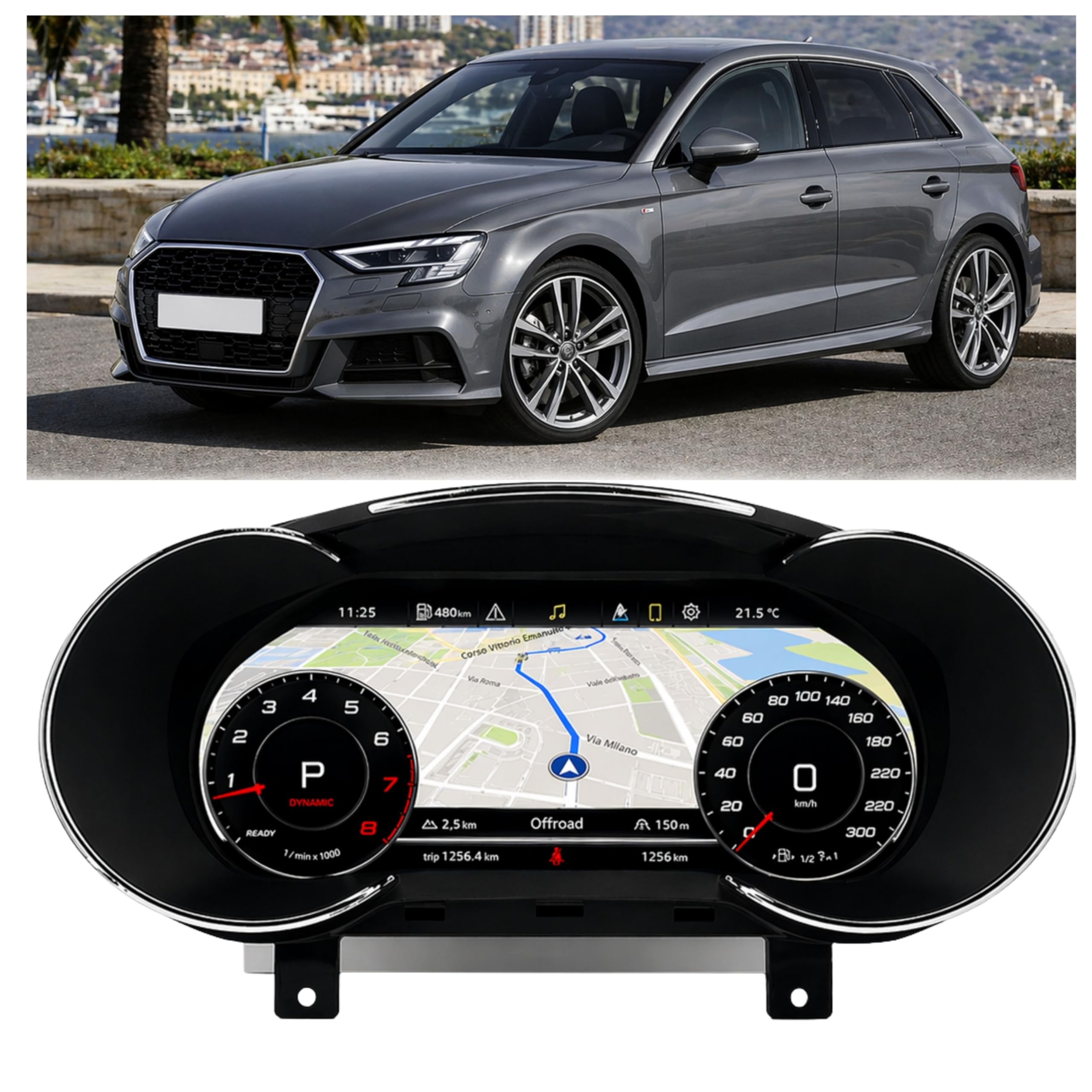 VIBEX Tachimetro Digitale 10,25 per Audi A3, S3, RS3 8V 2013-2019 |Virtual Cockpit LCD Full HD | Apple CarPlay Android Auto Wireless | Navigazione GPS | Plug & Play | Comandi al Volante |
