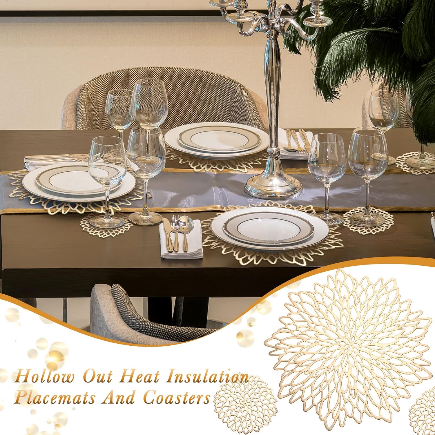 Round Pressed Vinyl Placemats Metallic Place Mat Coaster Set Including Placemats and Coasters Non Slip Heat Resistant Washable Table Mats for Dining Table Kitchen Decor (Gold, 40 Pcs)