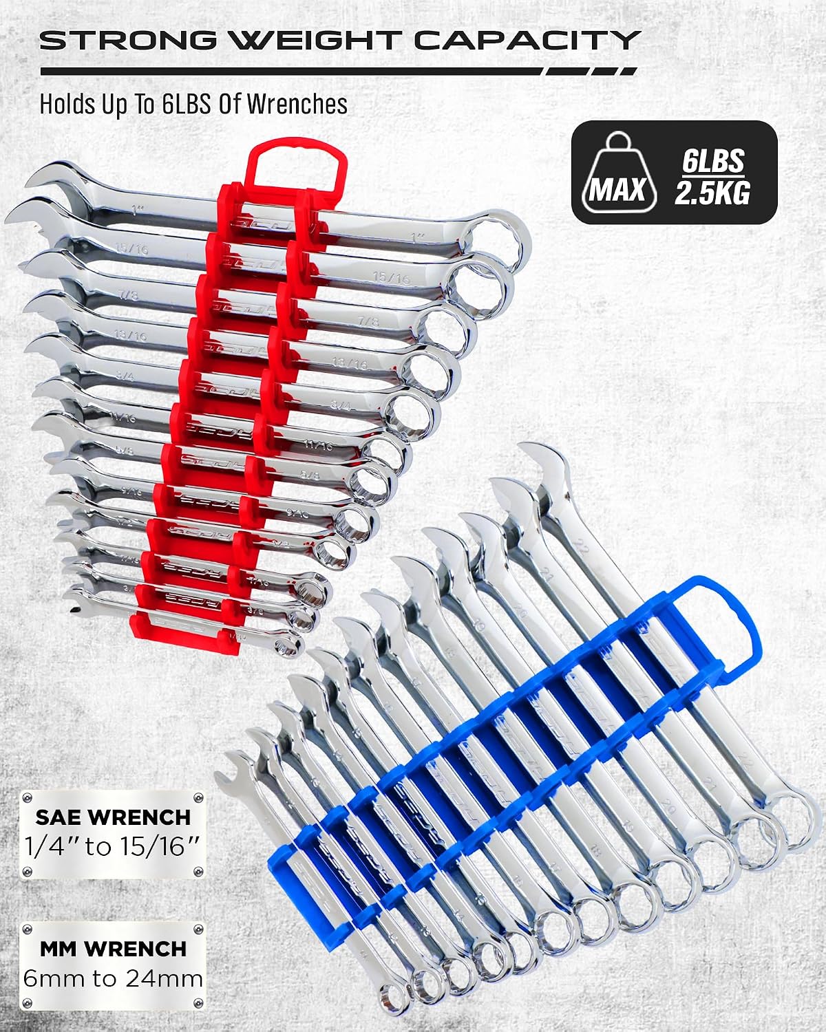 2-Pack Magnetic Wrench Organizer Set, 24-Slot Premium Wrench Rack Holder with Non-Slip Carry Handle for Tool Box Drawer Wall Storage, SAE (1/4'' to 15/16'') & Metric (6mm to 24mm) thumbnail