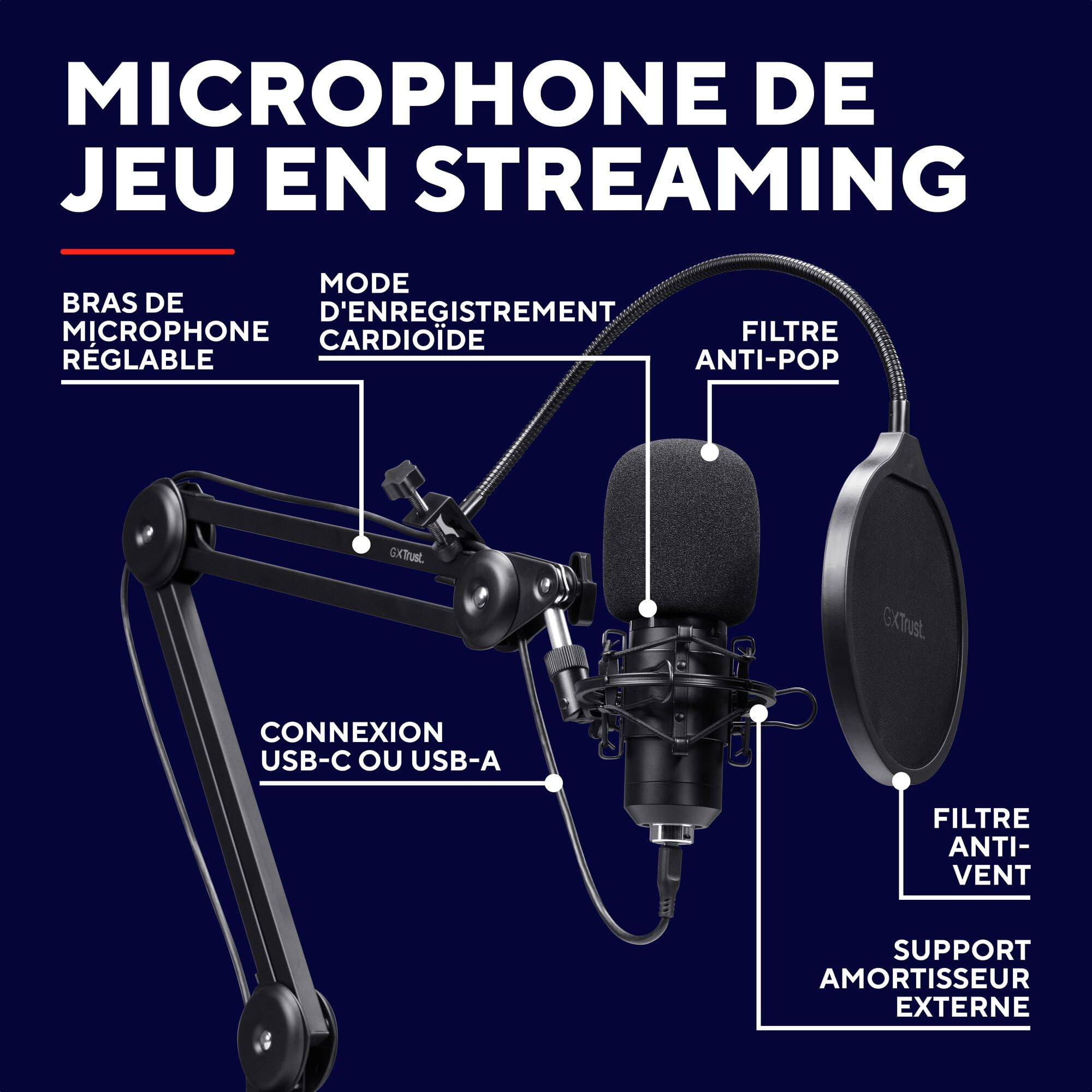 GXTrust Emita II Microphone avec Bras, Filtre Anti-Pop et Anti-Vent, Noir
