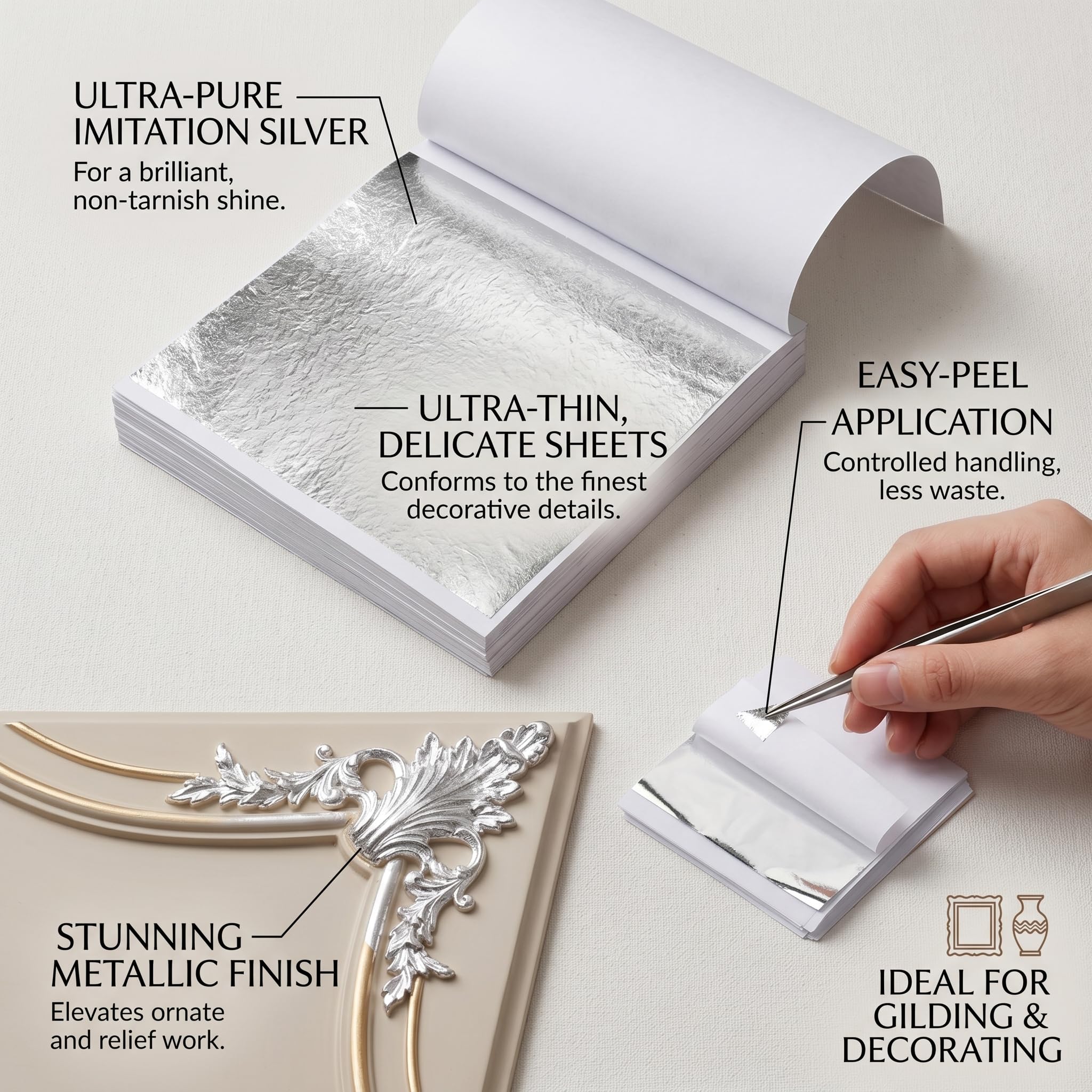 100 Hojas de Plata de imitación para Manualidades, 8.5 x 8 cm, Pan de Plata Flexible, Ideal para Pintura, decoración, Muebles, uñas y proyectos creativos de Bricolaje