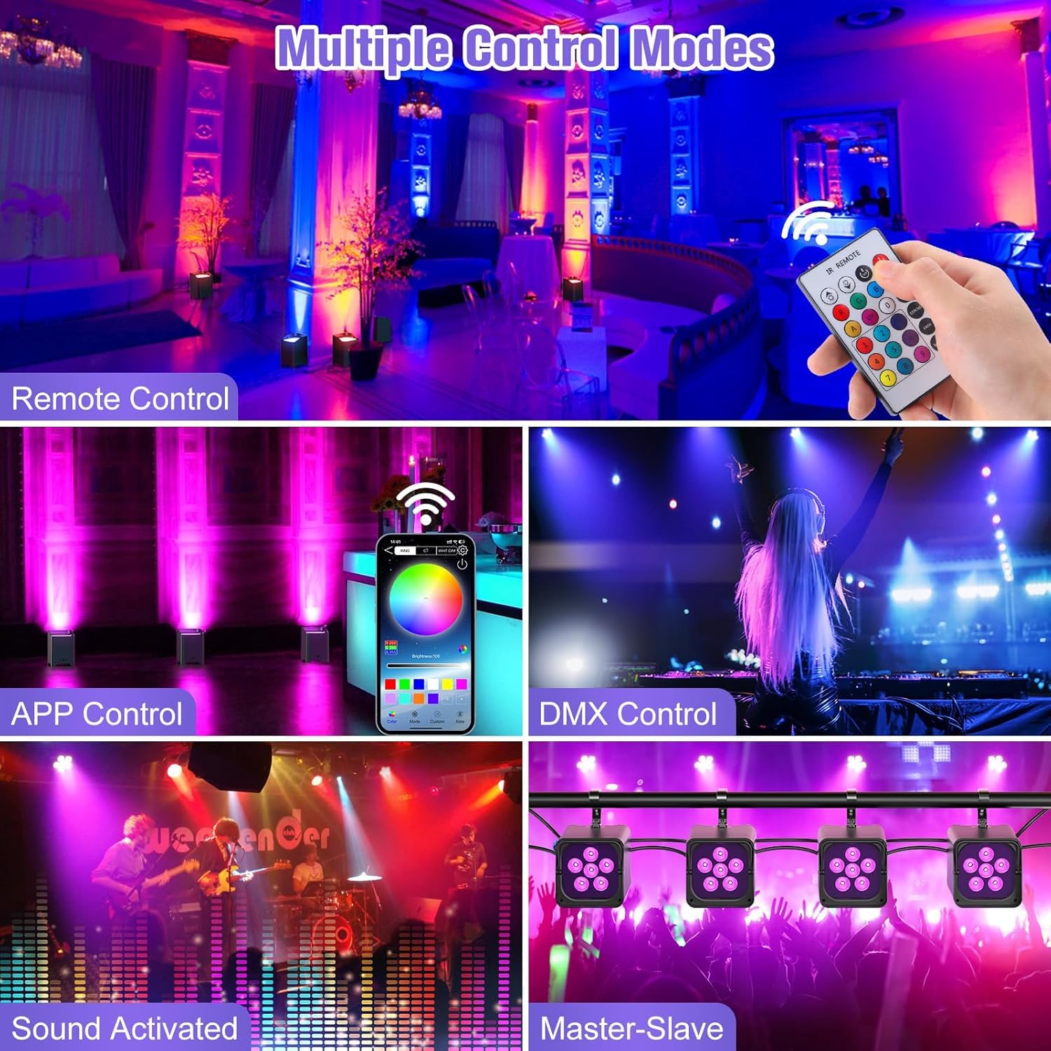 Proiettore PAR LED 108 W, 6 pezzi con flightcase RGBWA + UV, batteria ricaricabile 9600 mAh, telecomando/applicazione/WiFi/DMX, ideale per feste, DJ, Natale, bar, compleanni