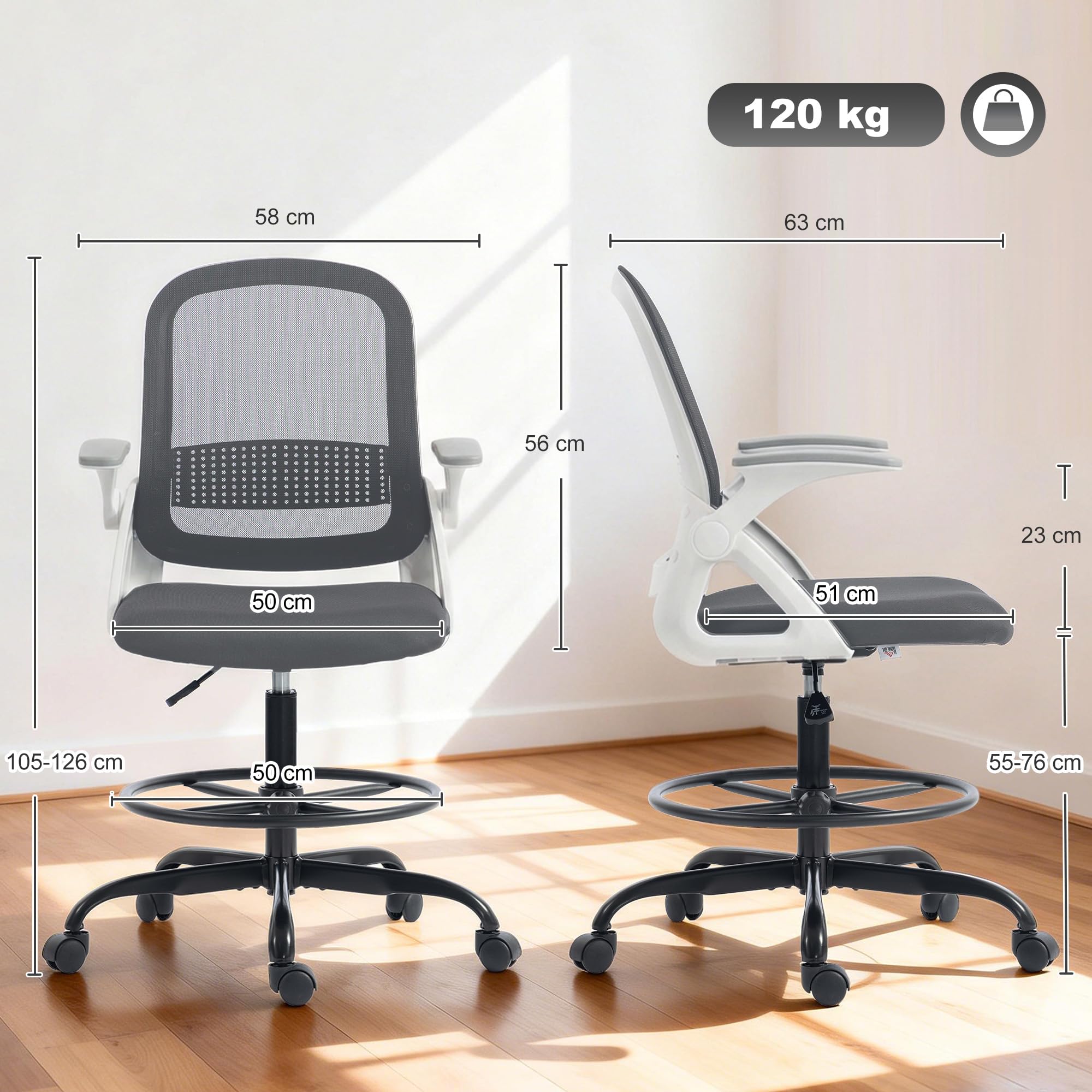 HOMCOM Silla de Escritorio de Malla, Silla de Dibujo con Reposabrazos Abatibles, Altura Ajustable, Soporte Lumbar, Reposapiés, Ruedas Giratorias para Oficina, Estudio, Gris