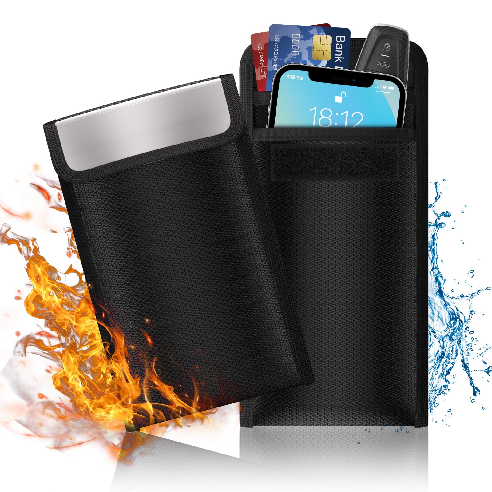 ELOBOONFaraday Bags (2 Pack), Signal Blocking Fireproof Waterproof Phone Charging Explosion-Proof RFID Faraday Pouch for Phones Car Key with 2 Pockets