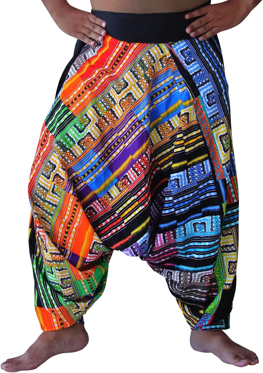 DA'IKI Side Tied Baggy Harem Dance Pants Low Crotch Made from Cotton Patch Quilt