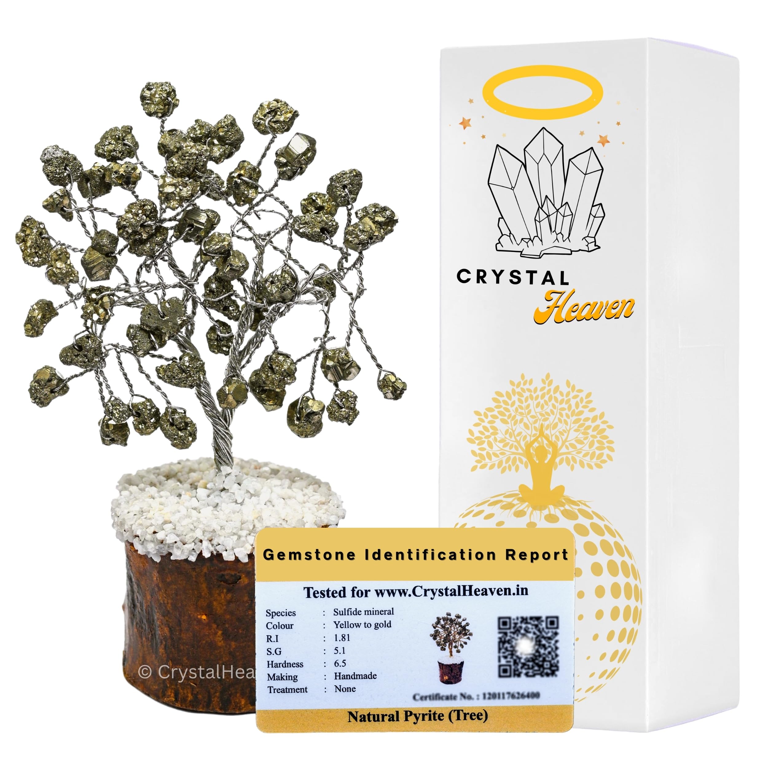 Crystal Heaven Pyrite Stone Original Tree-Certified for Home Office - Real Pirate Stone Crystal for Money, Wealth, Abundance and Success (Silver Wire)