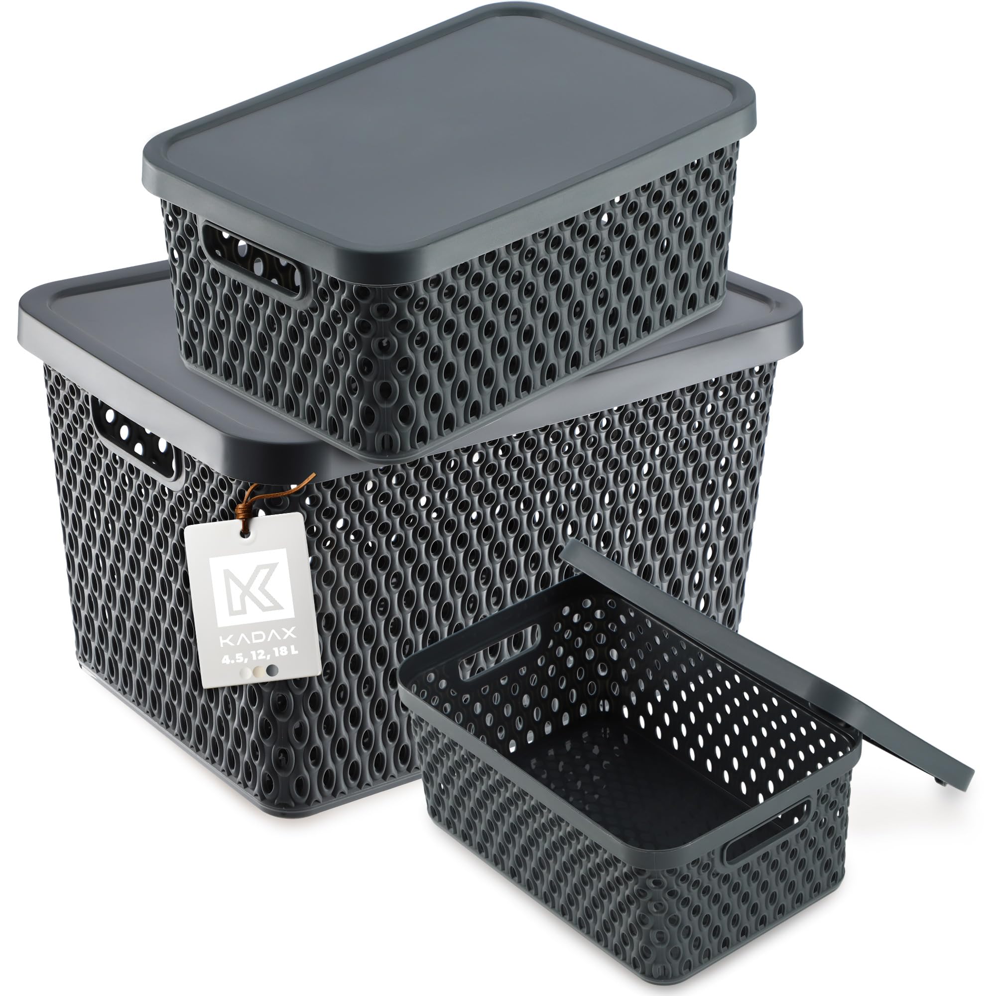 Panier de rangement plastique boîte de rangement grise perforée KADAX lot de 3