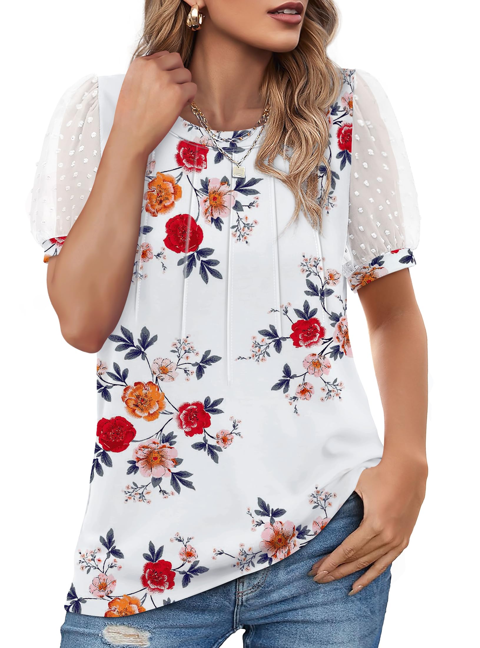 OFEEFANWomens Summer Tops Pleated Swiss Dot Puff Sleeve Crew Neck T Shirts Loose Casual S-3XL