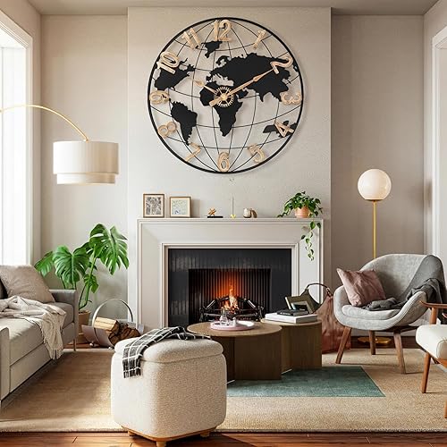 Miniatura 5 de Reloj de pared grande de 24 pulgadas para decoración de sala de estar, reloj de pared de metal silencioso con mapa del mundo con números arábigos