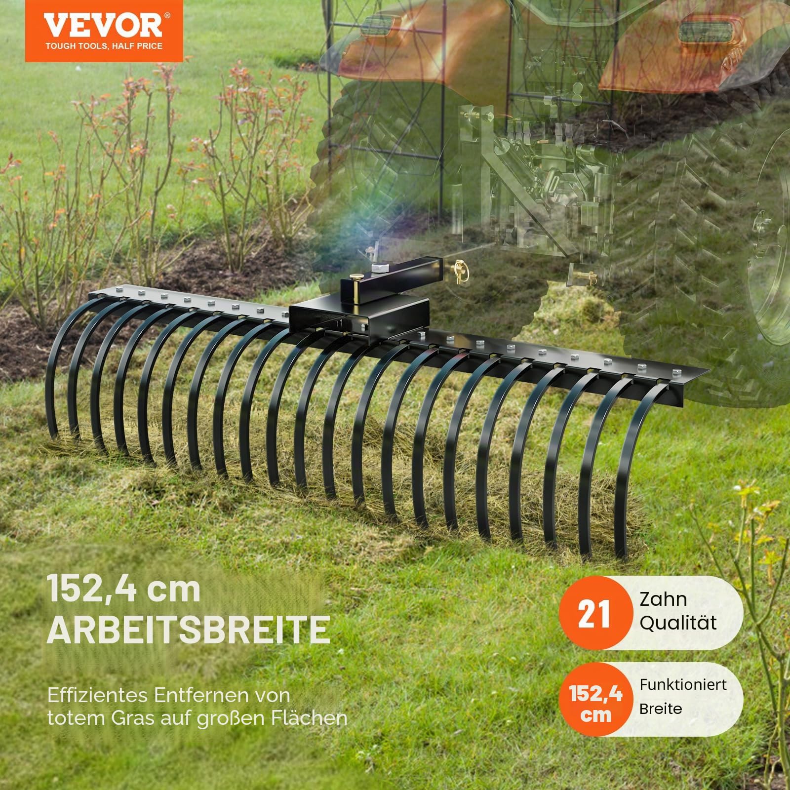 VEVOR Anhängerechen 152,4 cm Anhänge-Vertikutierer mit 21 Stahlspiralzinken Rasenvertikutierer-Rechen zur Befestigung an 121,92 cm oder 152,4 cm Langen Werkzeugleisten und 3-Punkt-Aufhängungssystemen