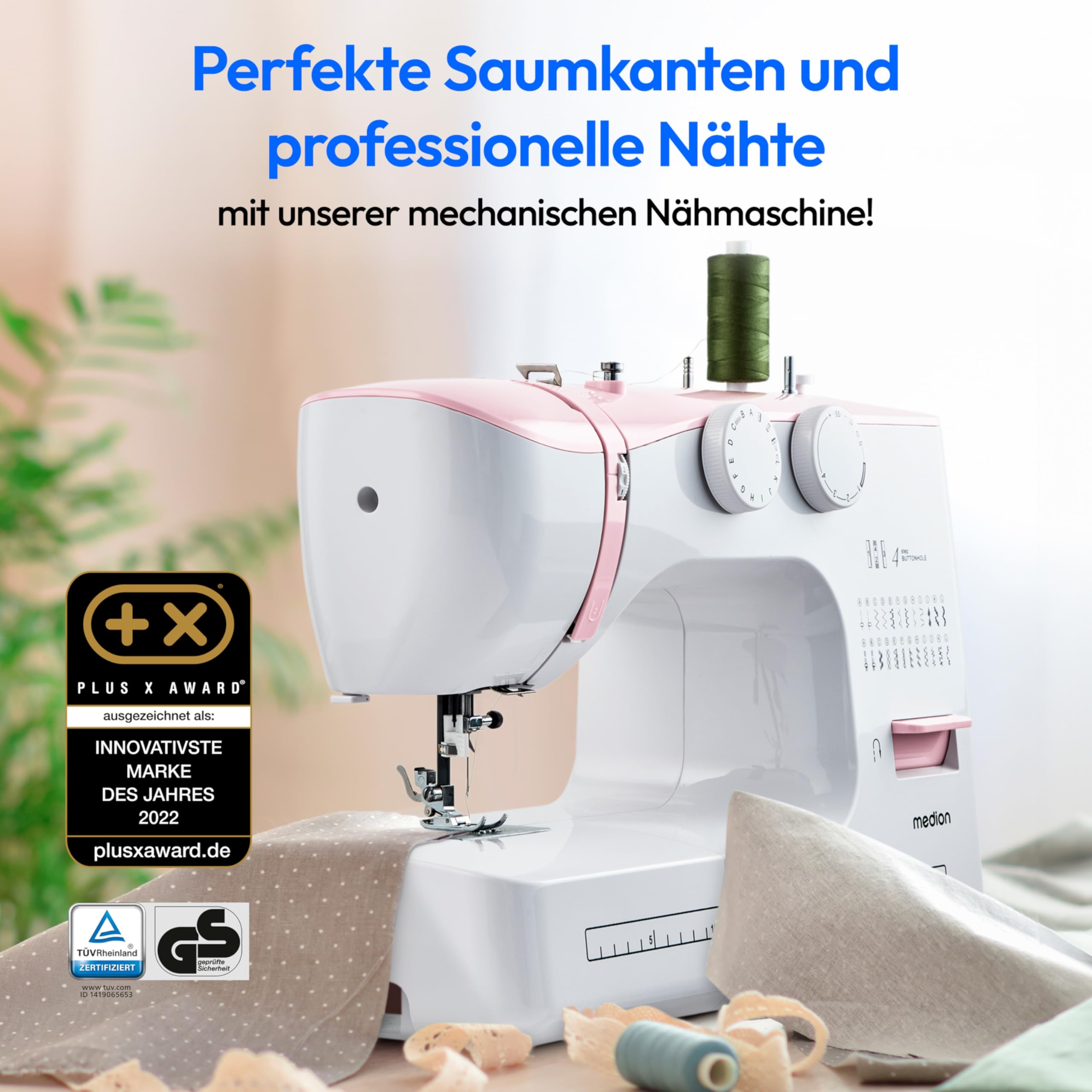 MEDION Freiarm-Nähmaschine SM60 (60 Watt, 60 verschiedene Stichmuster mit Knopflöchern, LED Nählicht, automatischer Einfädler, Rückwärtstaste, Fadenschneider, MD10689) rosa