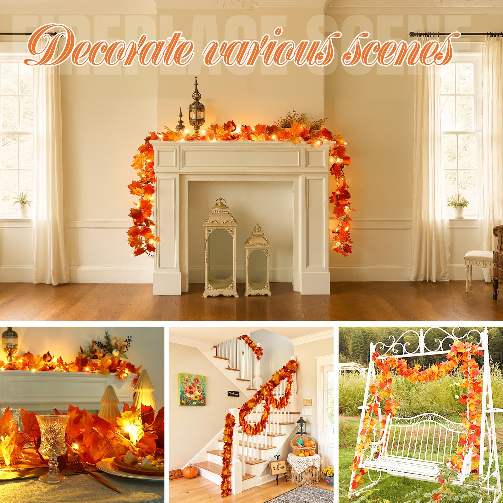 Joyhalo Paquete de 6 guirnaldas de otoño con luces, hojas artificiales de otoño, decoración de otoño con cadena de luces LED de 6.5 pies, hojas de arce colgantes para mantel, marco de puerta, chimenea