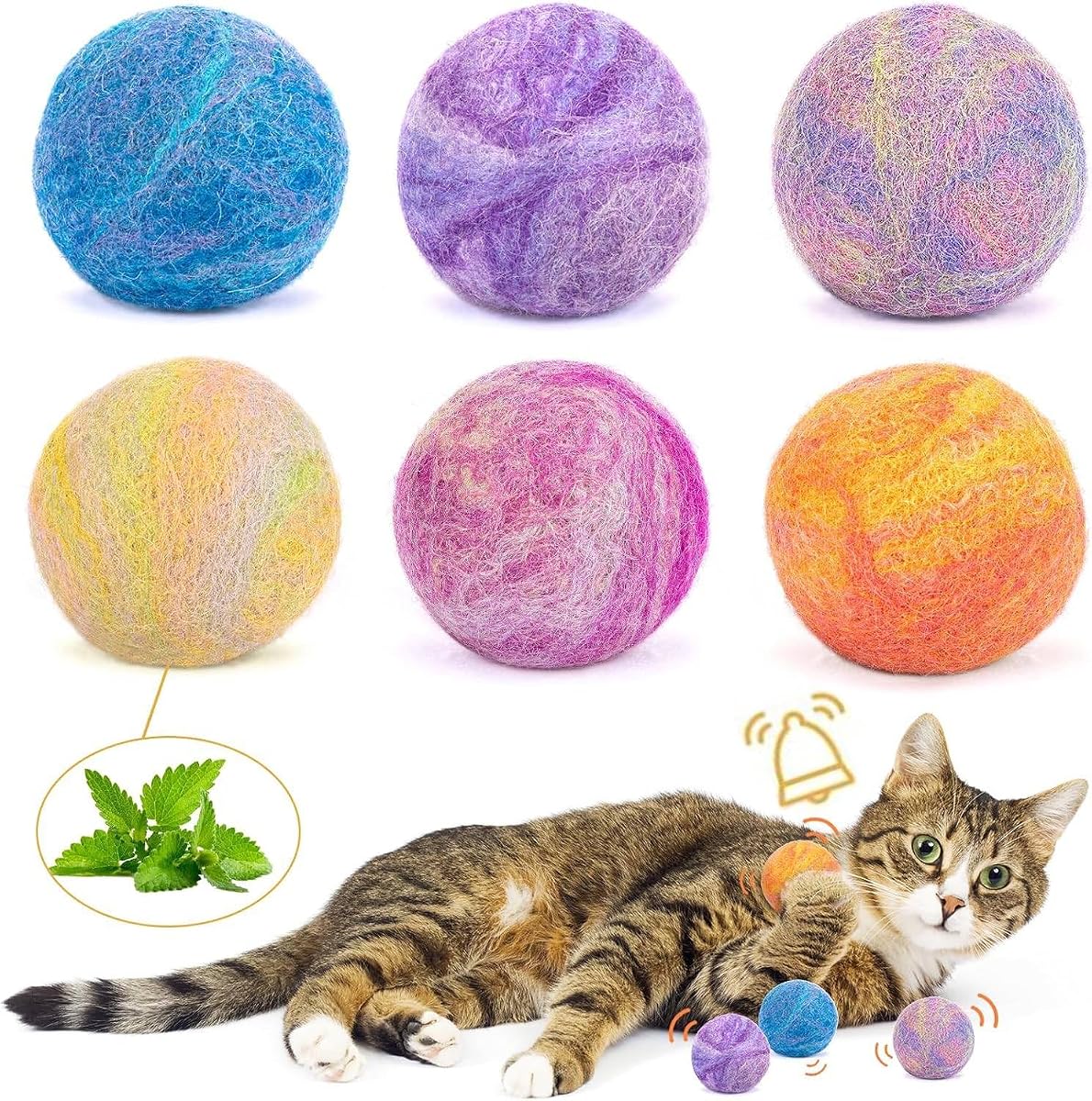 Retro Shaw Catnip Toys Balls with Bell Inside, Wool Yarn Cat Balls, 6 Pack | Interactive Durable Kitten Balls, For Indoor Cats, Kitten Teething Toys, Natural Catnip Toys for Bored Cats
