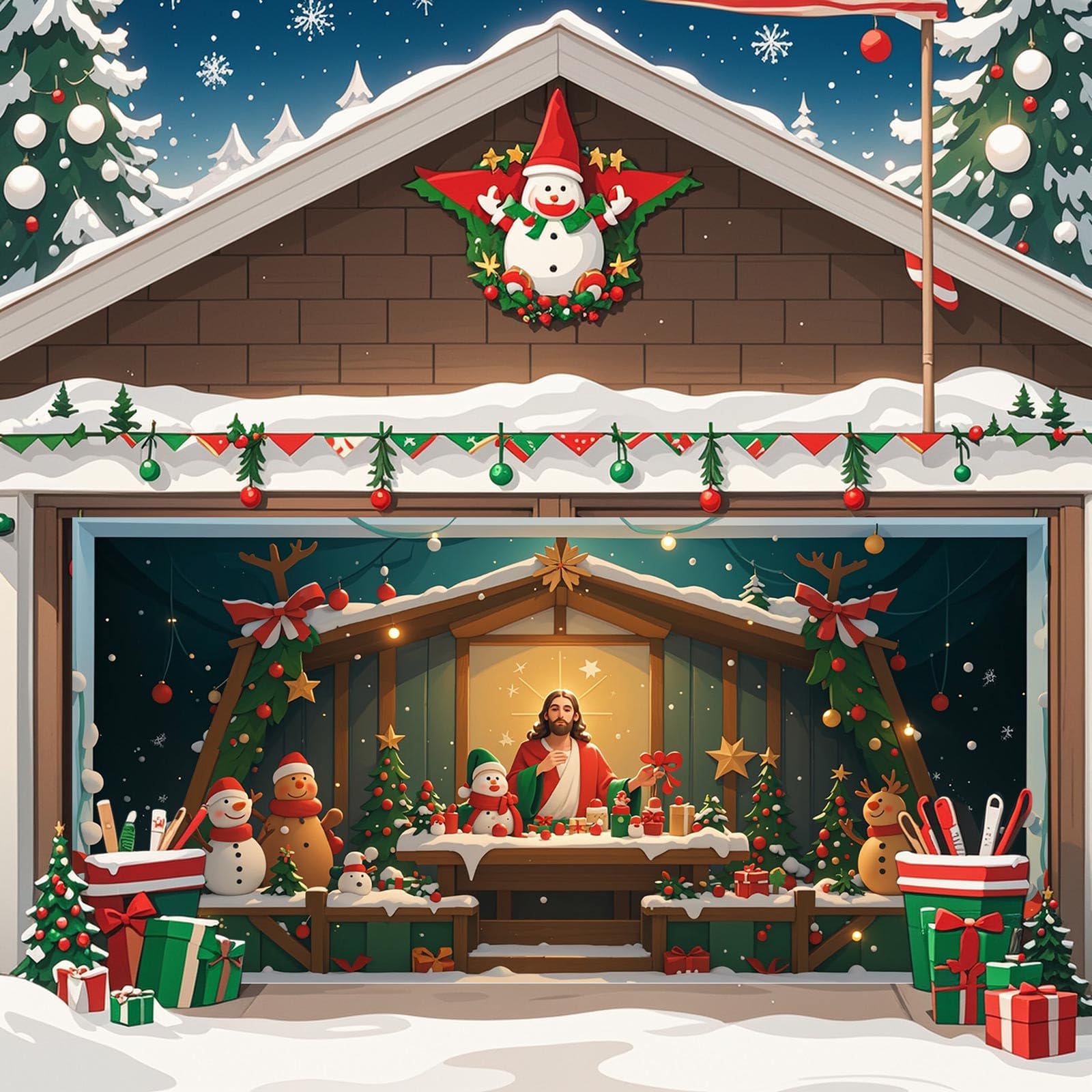 Christmas Garage Door Banner Decorations, Christmas Garage Door Cover Santa Claus Nativity Large Christmas Garage Backdrop Decoration for Xmas Eve Holiday Party Wall Door