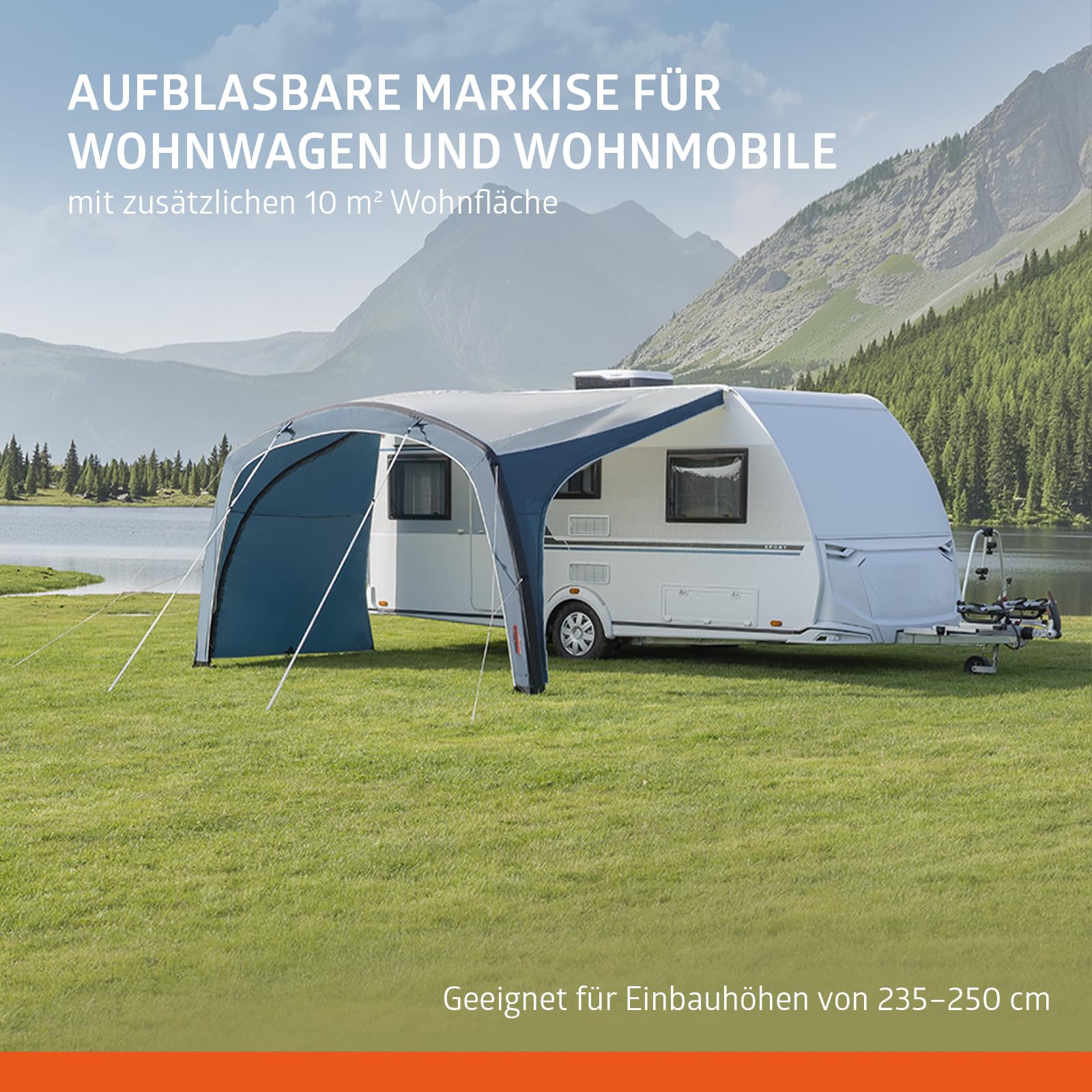 Campout Aufblasbares Vorzelt für Wohnwagen & Wohnmobil – 400 x 250 cm – 3000 mm Wassersäule – Anbauhöhe 235-250 cm – Aufbau in 15 Min – Inkl. Pumpe & Sturmabspannleinen