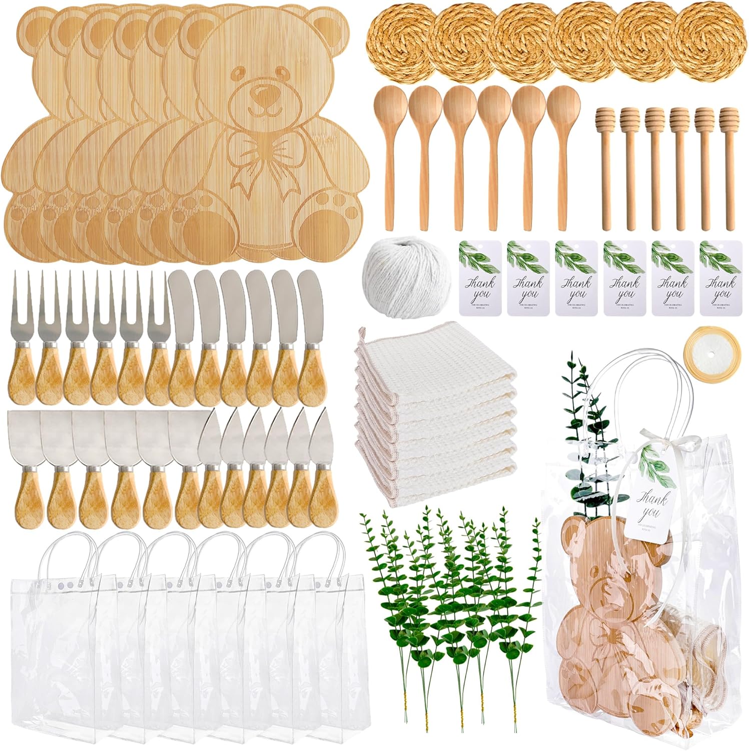 86 Pcs Baby Shower Prizes for Game Winners 6 Set Including Bear Shaped Cheese Board Butter Spreaders Kitchen Towel Thank You Card Spoon Gift Bag for Guest Wedding Birthday Bridal Christmas Party Gift