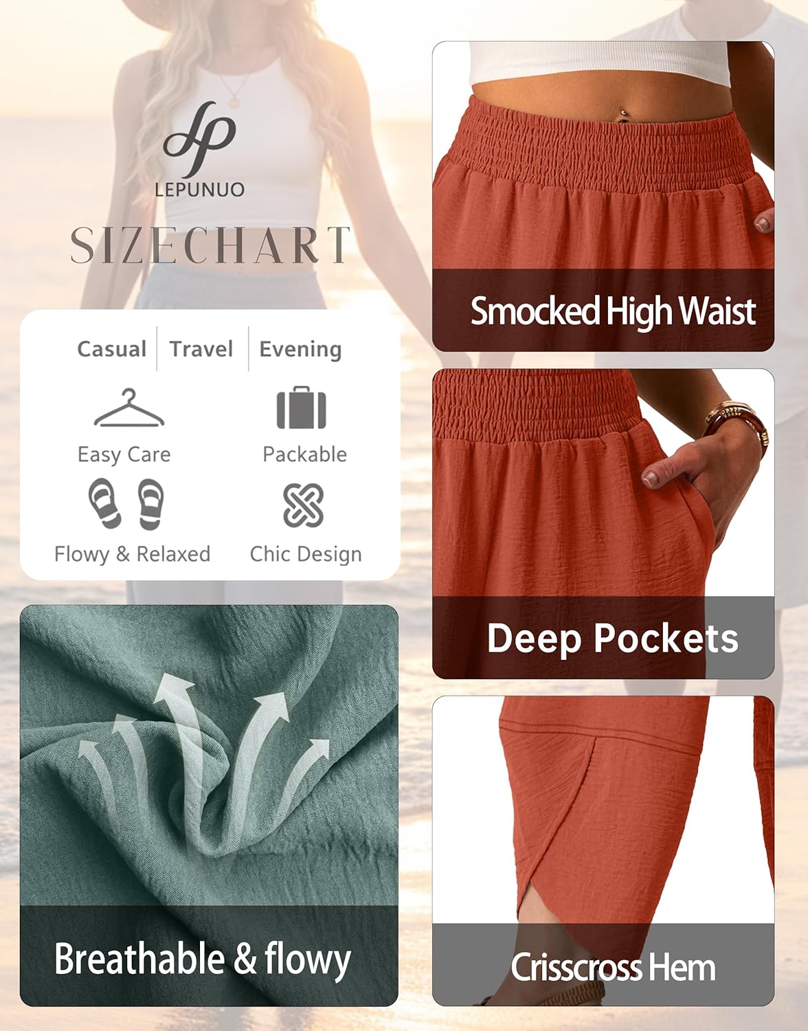 Lepunuo Womens Baggy Wide Leg Pants Summer High Waisted Palazzo Pants Beach Vacation 2026 Casual Trousers with Pockets - Image 4