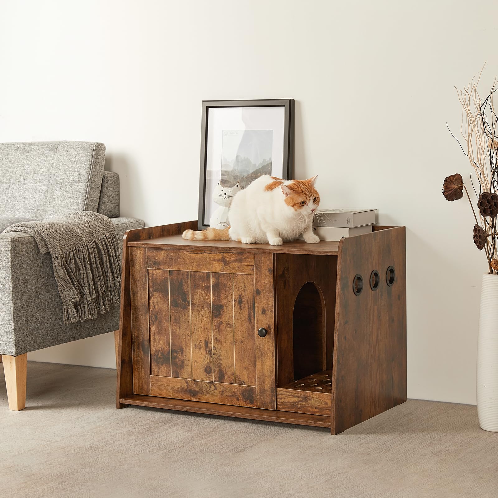 Mondeer Maison de Toilette pour Chat, Niche pour Chat en Bois avec Porte et Trous de Ventilation, Grand Plateau Supérieur, Industriel Armoire pour Chat pour Salon Chambre Couloir, Marron Rustique