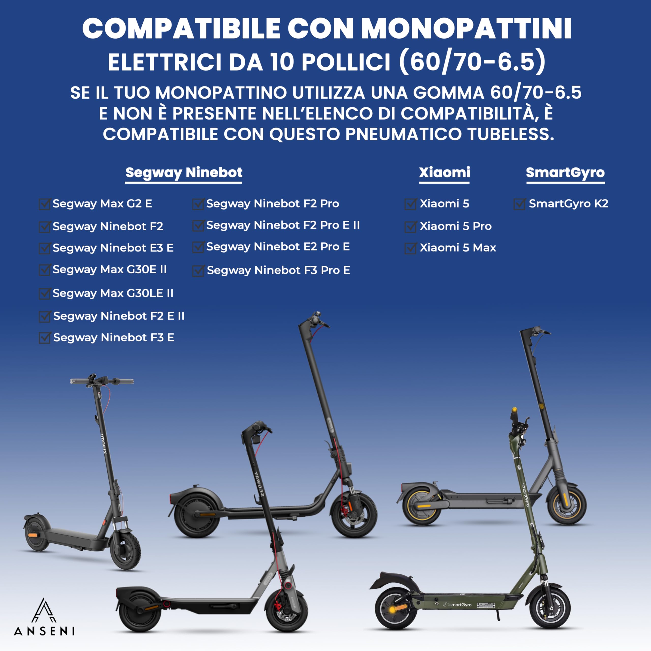 ANSENI Gomme monopattino eletrico 60/70-6.5, Ruota Tubeless 10 Pollici per monopattino elettrico Segway Ninebot E3 E, Ninebot Max G30/G30D, Xiaomi 5/5 Max, Smartgyro K2 (1 Ruota)