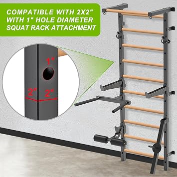 Wood Stall Bar & Nordic Hamstring Curl Attachment, 2x2 Swedish Ladder with 1 Hole, Adjustable Leg Hold Down for Home Gym, Versatile Fitness Equipment for Strength Training