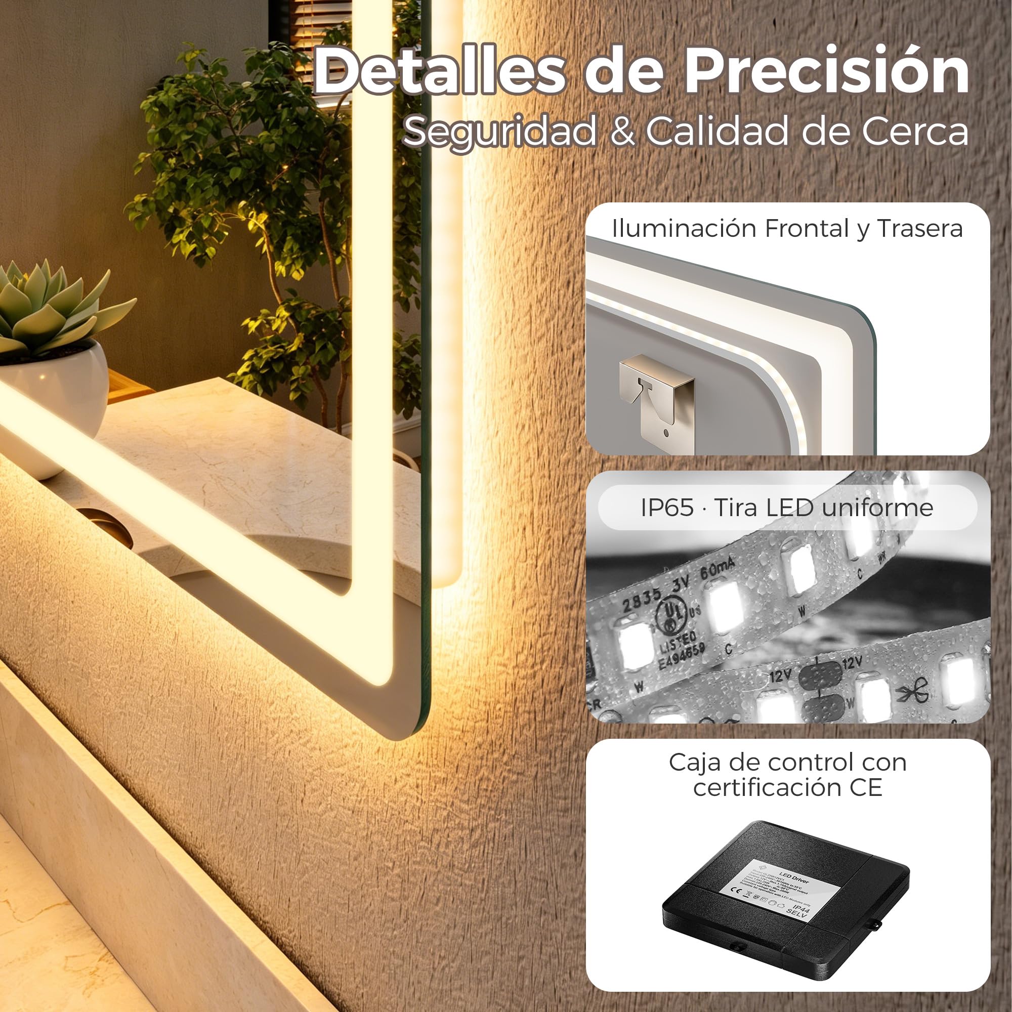 STARLEAD 70x120cm Espejo Baño con Luz LED, Aumento 5X y Antivaho | Regulable, 3 Colores 3000K-6500K, Memoria, IP44, Vidrio Templado, CRI>90, Control Táctil, Montaje en Pared
