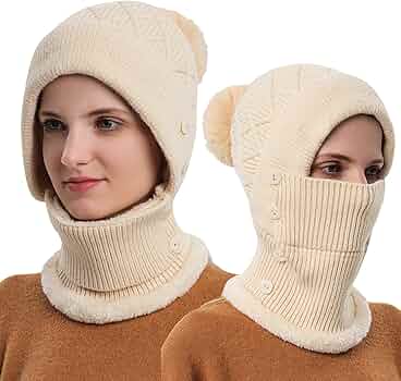 Cagoule Femme Hiver Imperméable QUUPY Cagoule De Ski Pour Femme Avec Capuche En Polaire Thermique Tricotée, Cache-cou Coupe-vent, Kaki, 55 Cm/65 Cm Cagoule 3 En 1
