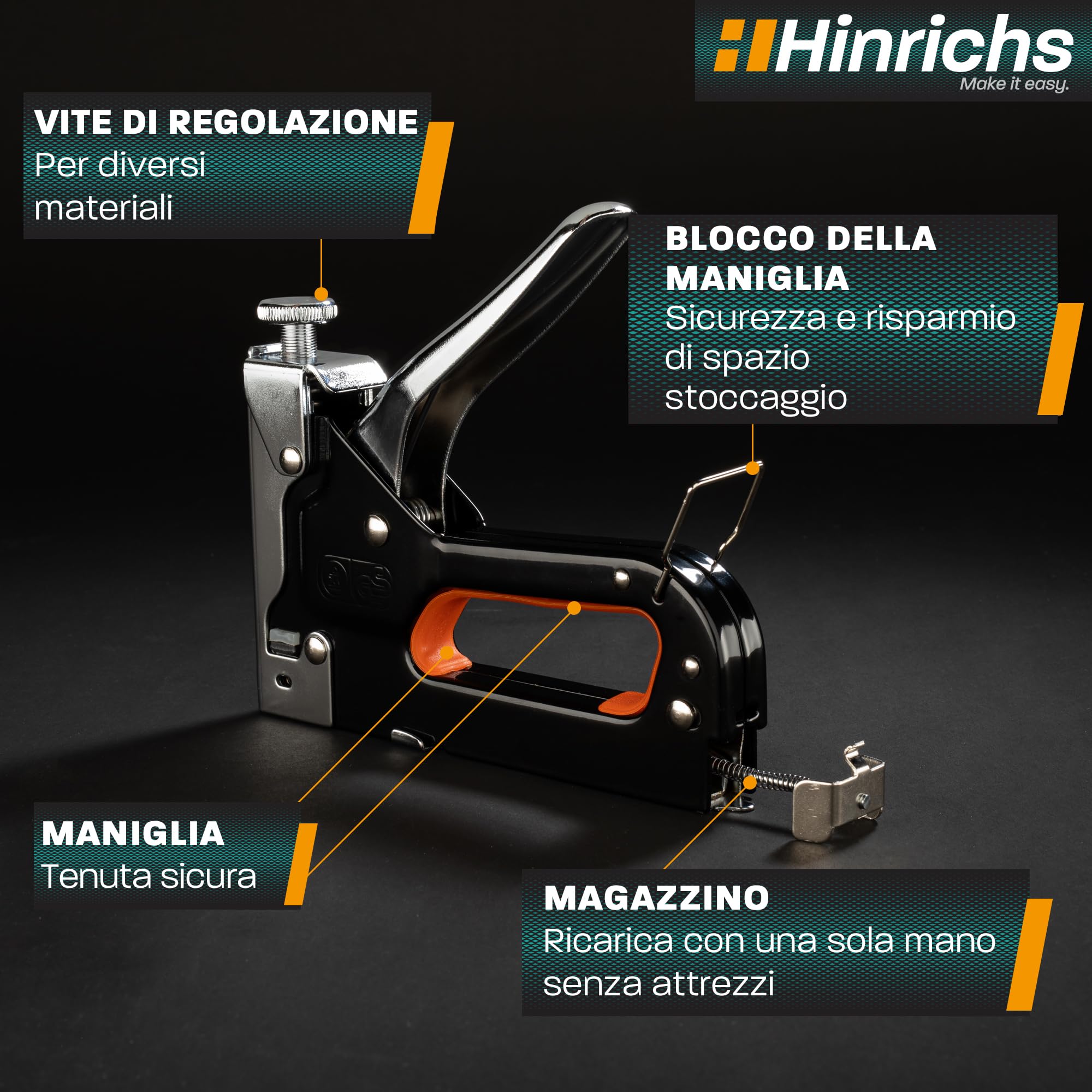Pinzatrice Manuale 3 In 1 Hinrichs - Per Legno, Tessuto E Tappezzeria | Con 400 Graffe E 200 Chiodi - Foto 3