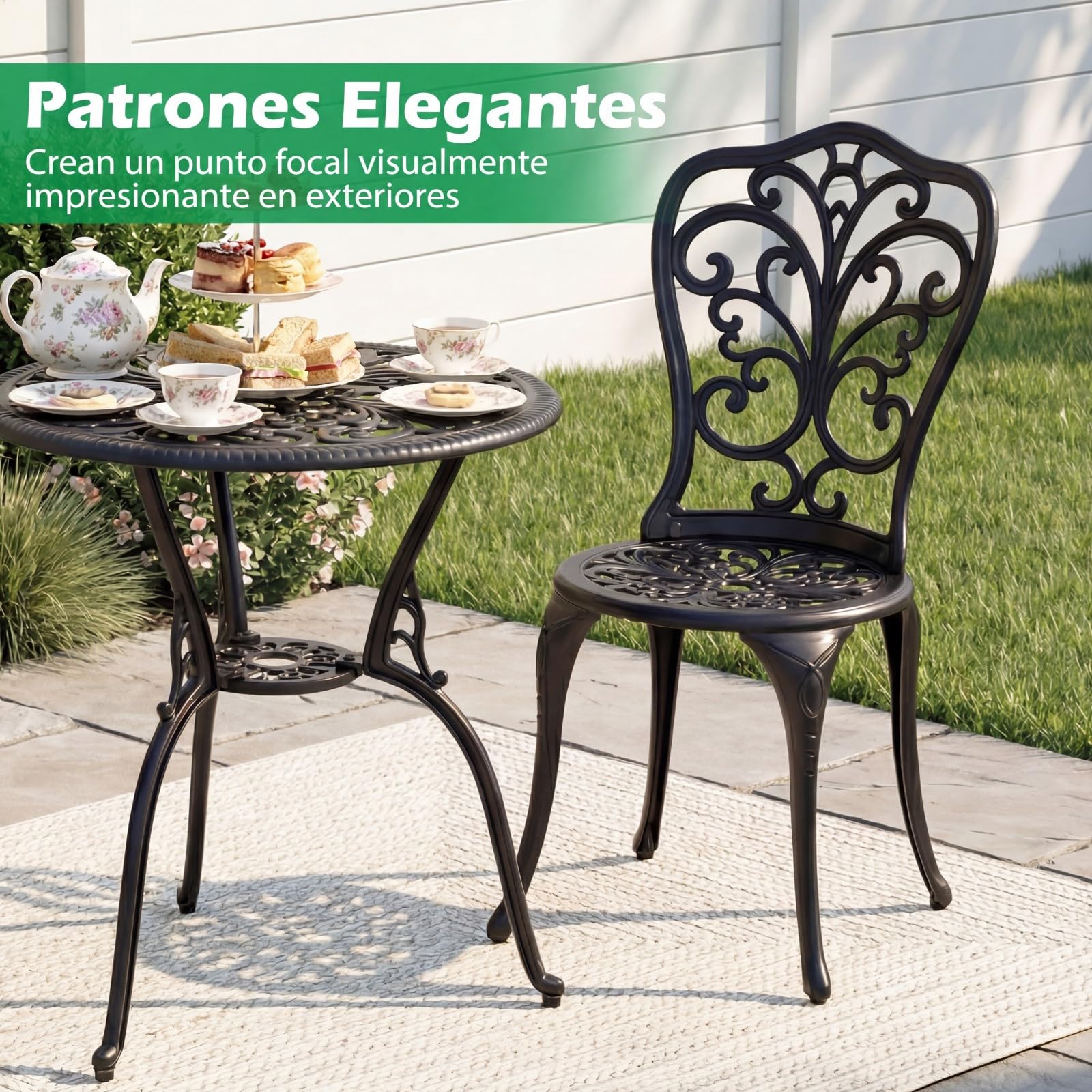 GOPLUS Conjunto de Bistró para Exteriores de 3 Piezas, Juego de Mesa y 2 Sillas de Aluminio Fundido para Todo Tipo de Clima con Agujero para Sombrilla, Juego de Muebles para Jardín (Mariposa)