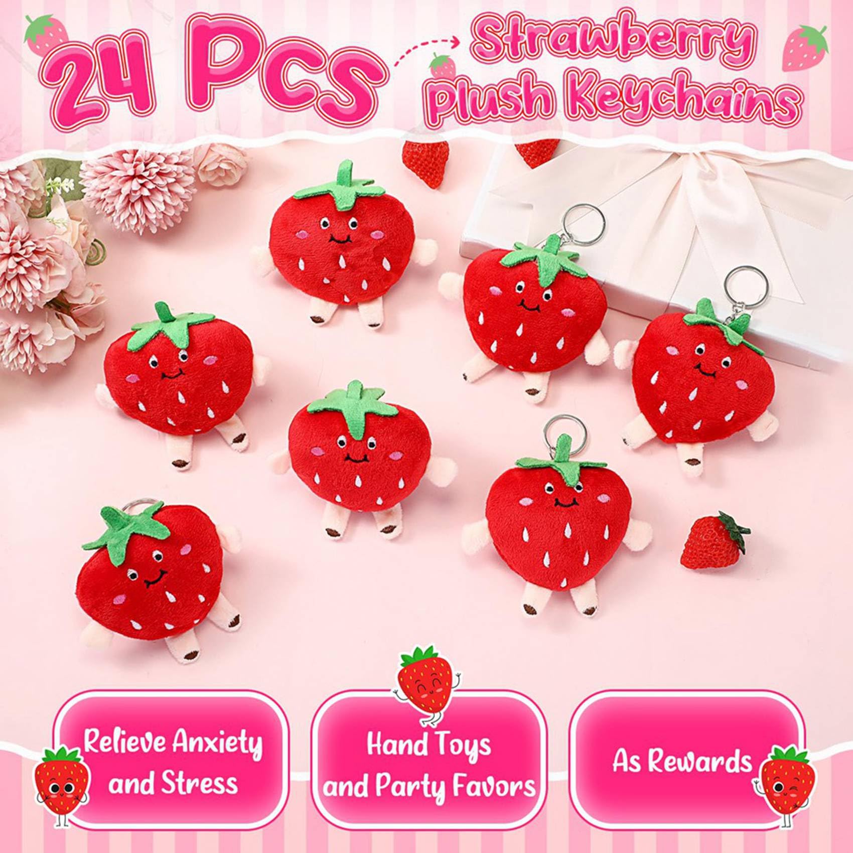 72 Pezzi di Simpatici A Forma di Fragola, Ciondolo di Peluche Rosso, Ciondolo Kawaii Imbottito, Sacchetto Regalo per A Tema Fragola