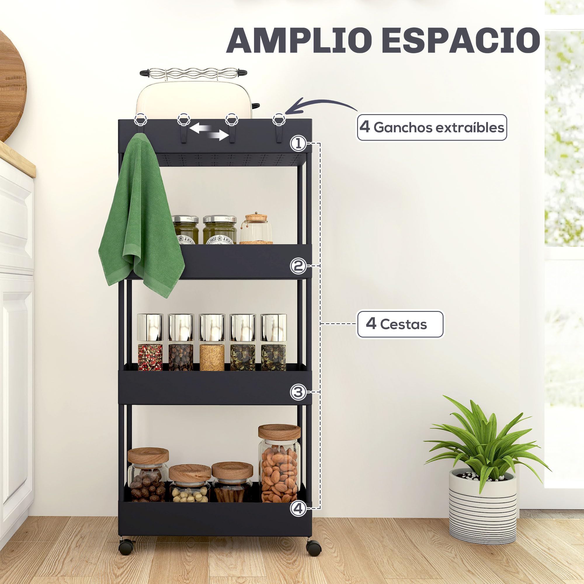 HOMCOM Carro de Cocina de Almacenamiento Delgado de 4 Niveles Carrito Auxiliar con Ruedas 4 Cestas y 4 Ganchos Extraíbles Carrito de Cocina para Comedor Baño Salón 40x19x90 cm Negro