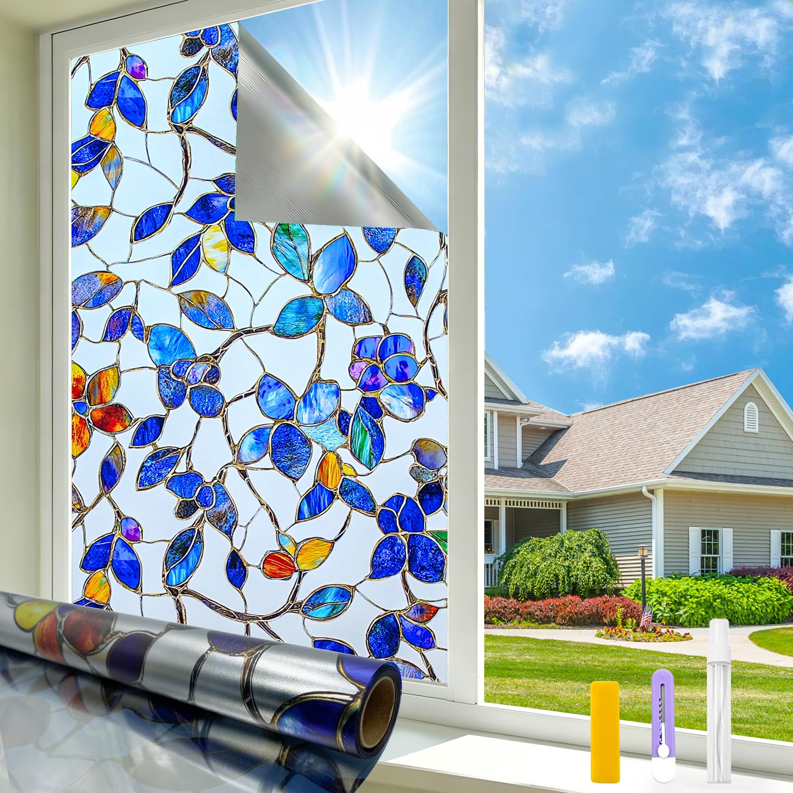 Countewol Sichtschutz-Fensterfolie, 24 Stunden, Tag und Nacht, Wärmedämmung, statisch haftend, dekorative Glasfolie, UV-Violett, 61 x 200 cm