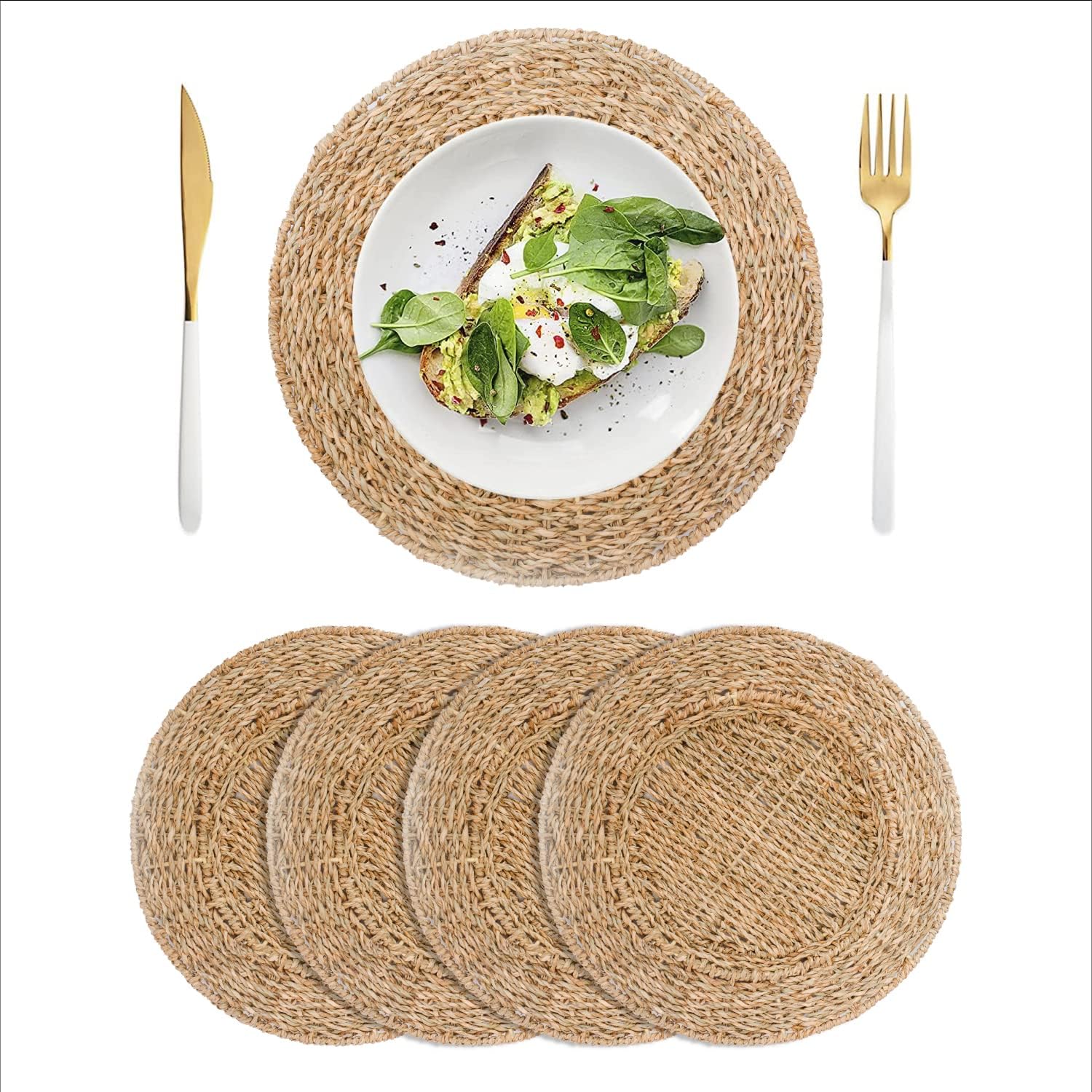 LilaCraft 4 Packs, Natural Woven Round Seagrass Placemats, Boho