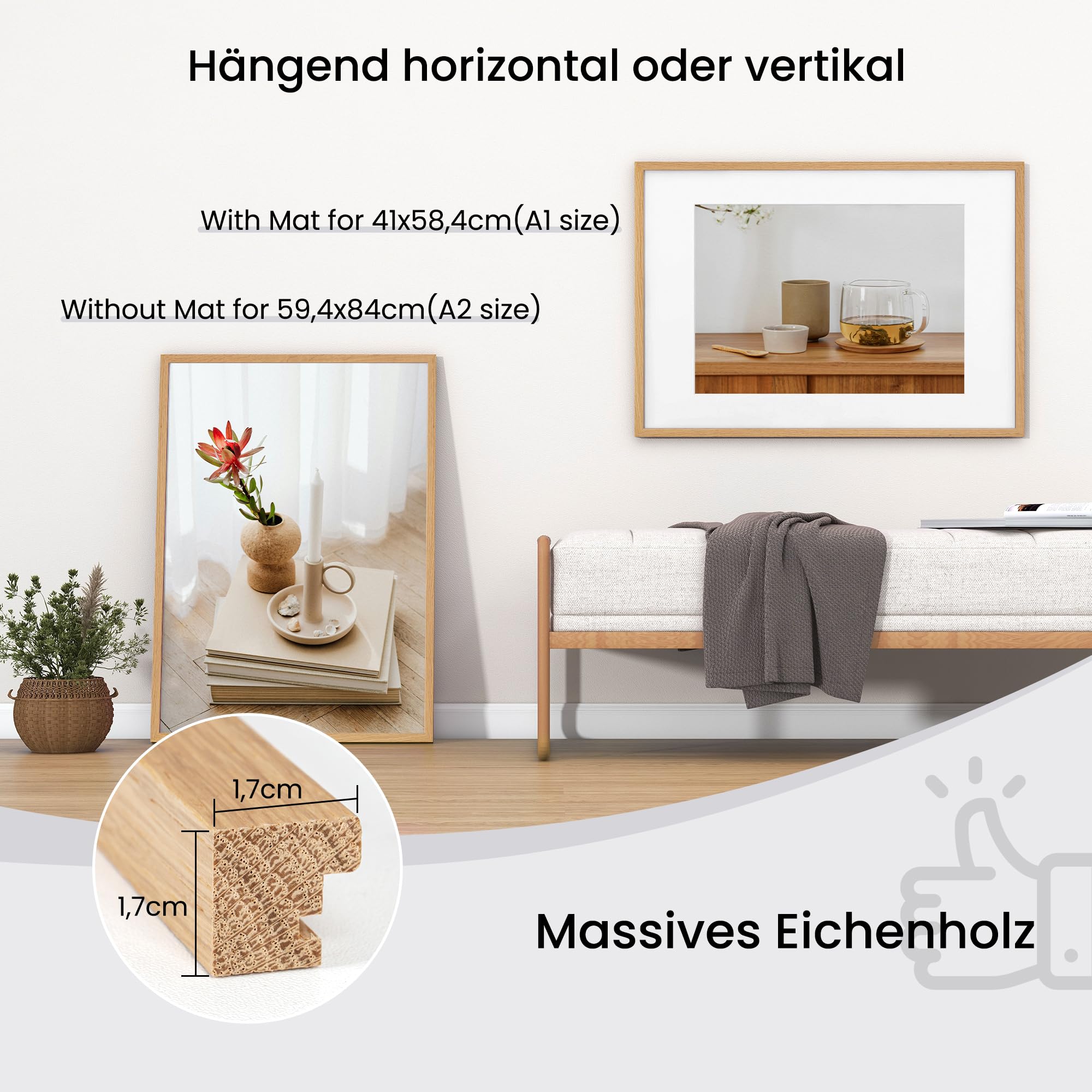 Axeman Bilderrahmen A1 59.4x84 cm Massivholz Eiche Natur mit Passepartout A2 41x58.4 cm - Echtholz Rahmen Echtglas - 1 Stück - Tischaufsteller & Wandmontage - Holzrahmen für Poster. Fotos
