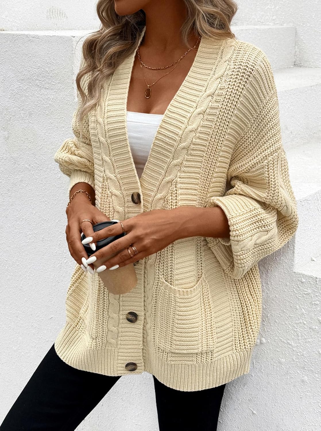 Pink Queen Fall Winter Long Sleeve Open Front Cable Knit Cardigan Oversized Loose Stripe Vintage Button Up Sweater Coat Apricot XL - Image 5